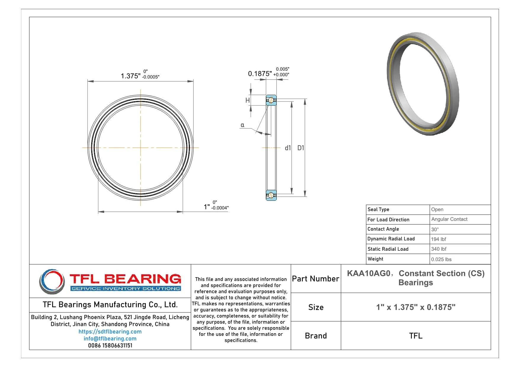 Constant Section (CS) Bearings KAA10AG0 dimension drawing