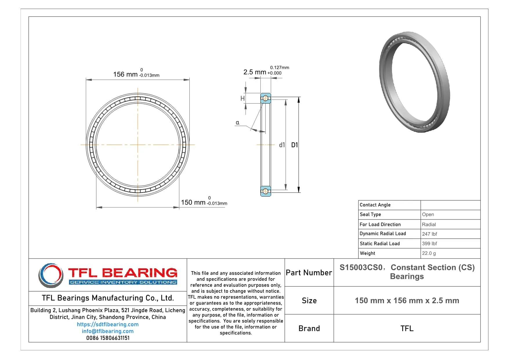 Constant Section (CS) Bearings S15003CS0 dimension drawing