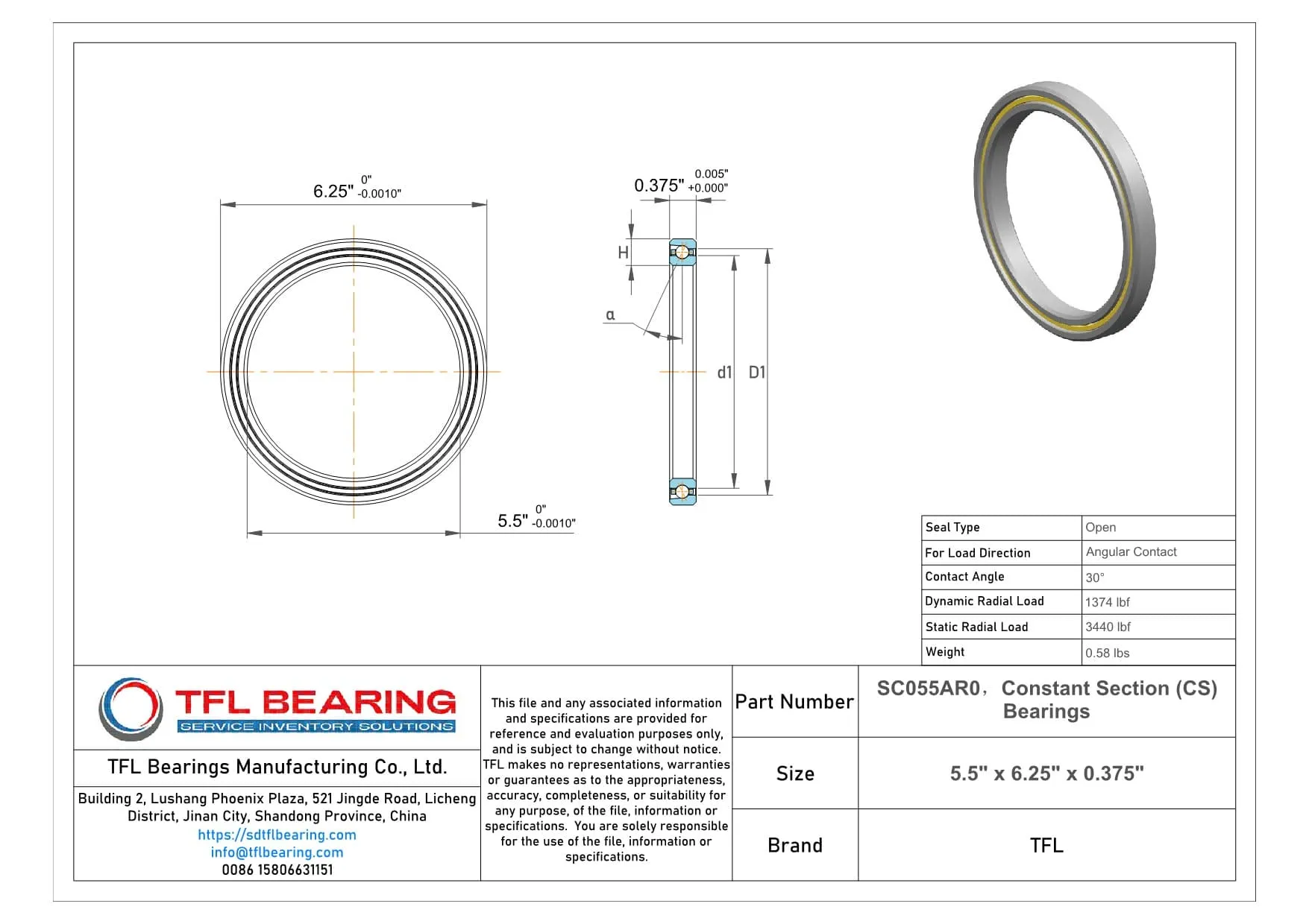 Constant Section (CS) Bearings SC055AR0 dimension drawing