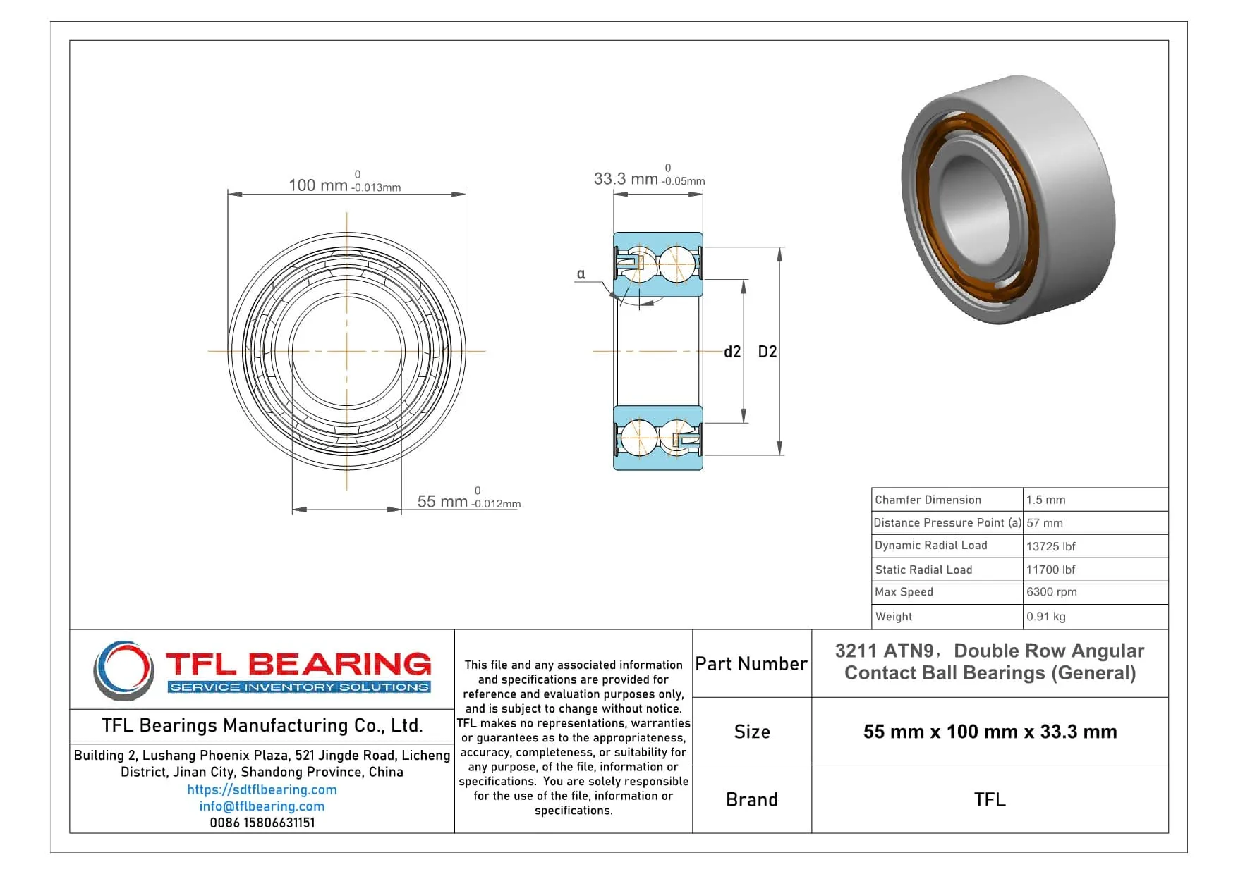 Double Row Angular Contact Ball Bearings (General) 3211 ATN9 dimension drawing