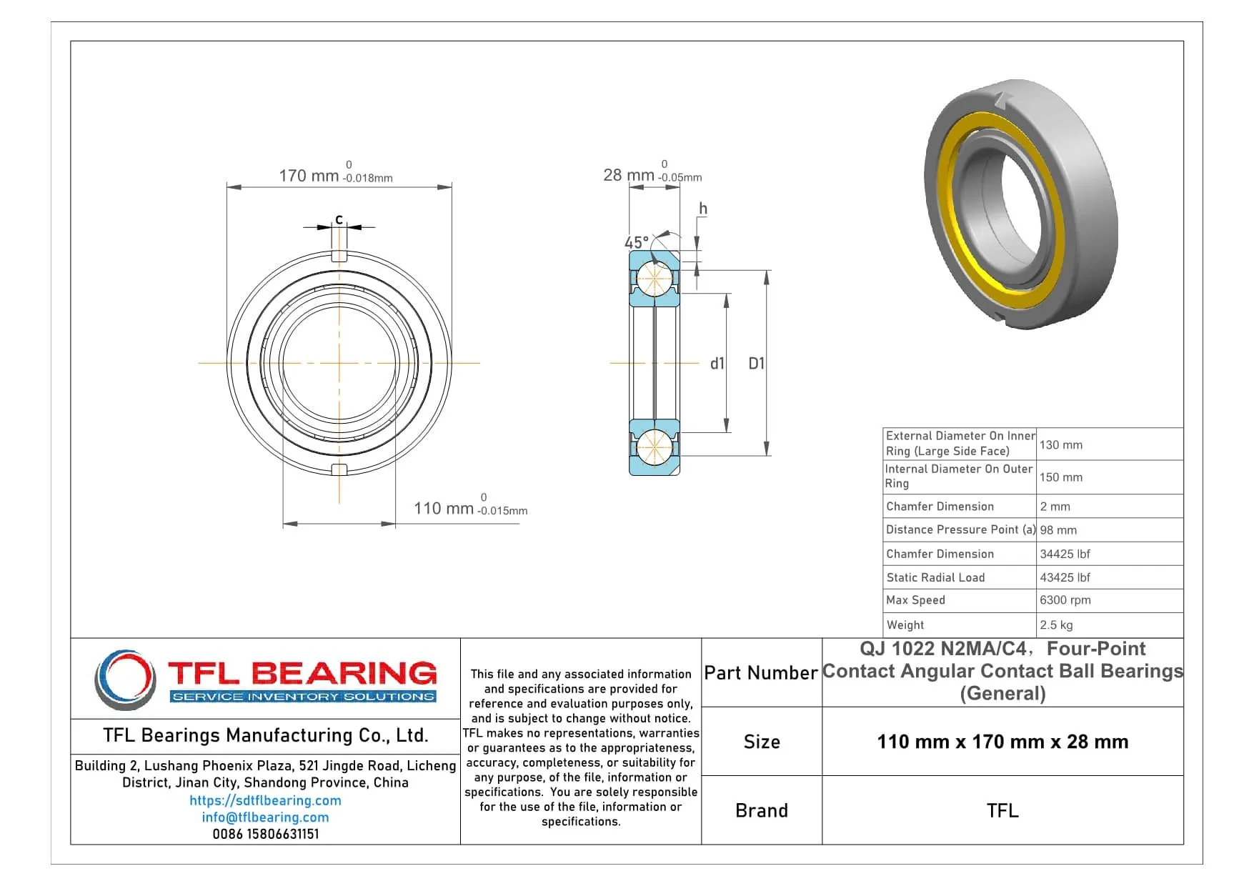 Four-Point Contact Angular Contact Ball Bearings (General) QJ 1022 N2MA/C4 dimension drawing