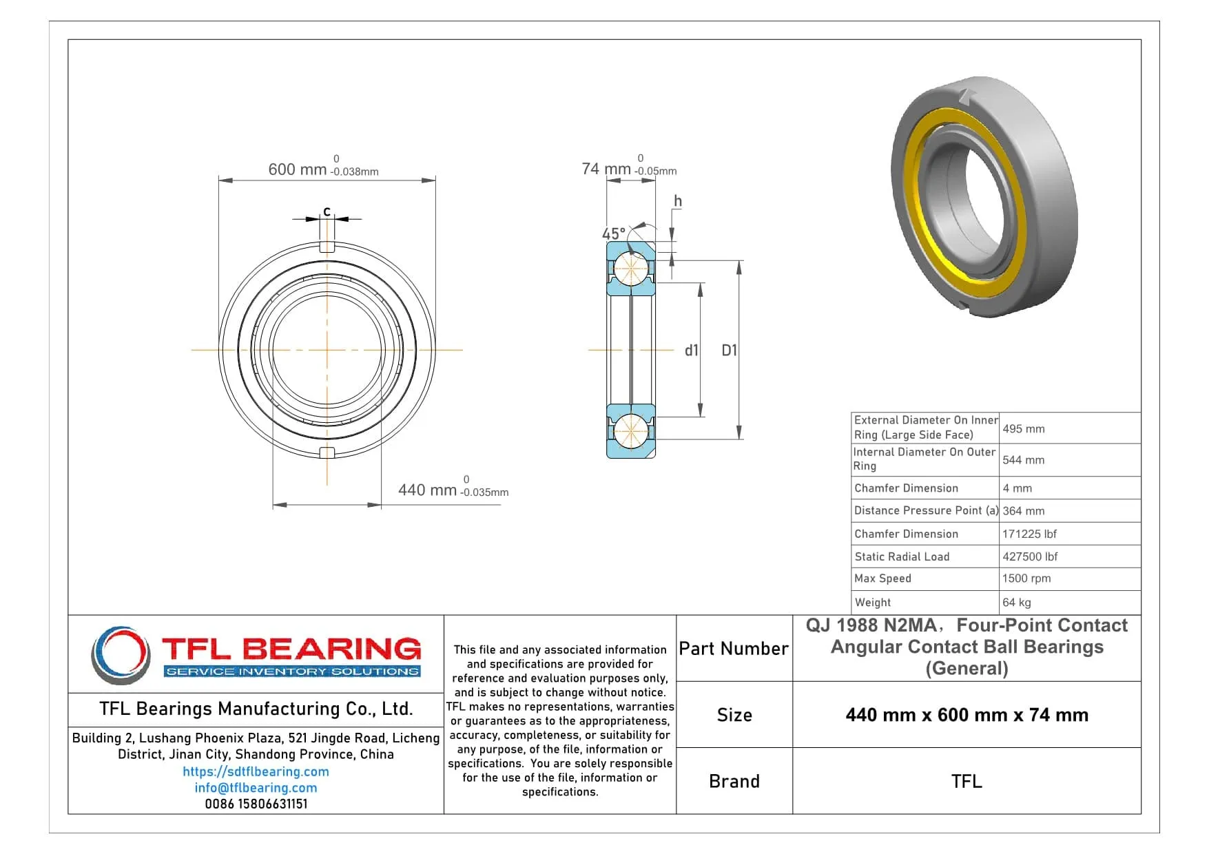 Four-Point Contact Angular Contact Ball Bearings (General) QJ 1988 N2MA dimension drawing