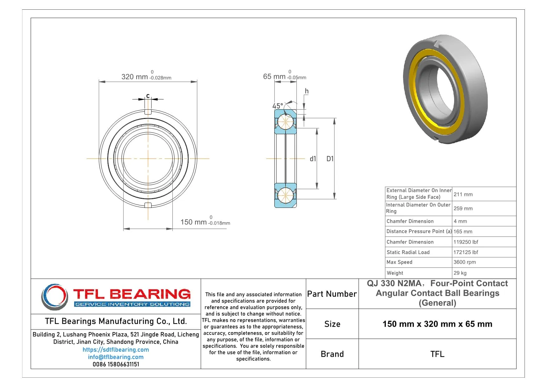 Four-Point Contact Angular Contact Ball Bearings (General) QJ 330 N2MA Drawing.dwg