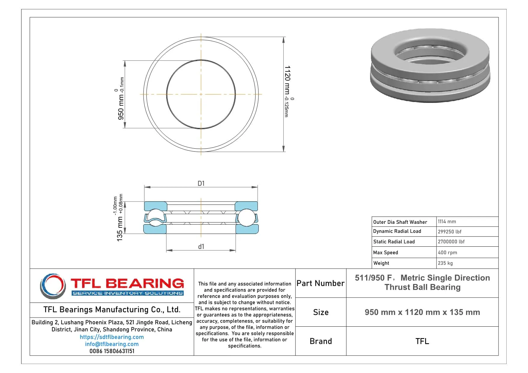 Metric Single Direction Thrust Ball Bearing 511/950 F dimension drawing