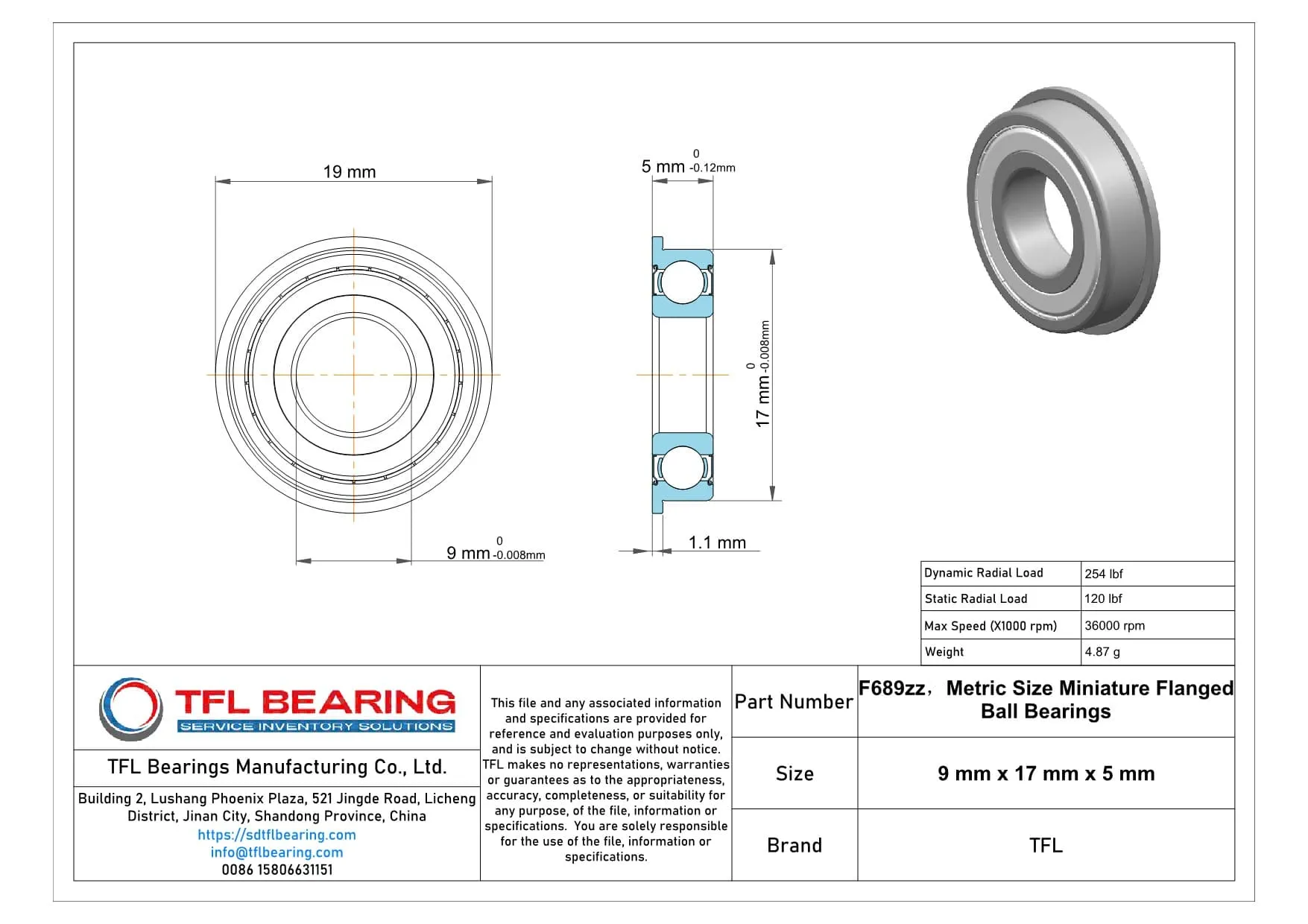 Metric Size Miniature Flanged Ball Bearings F689zz dimension drawing
