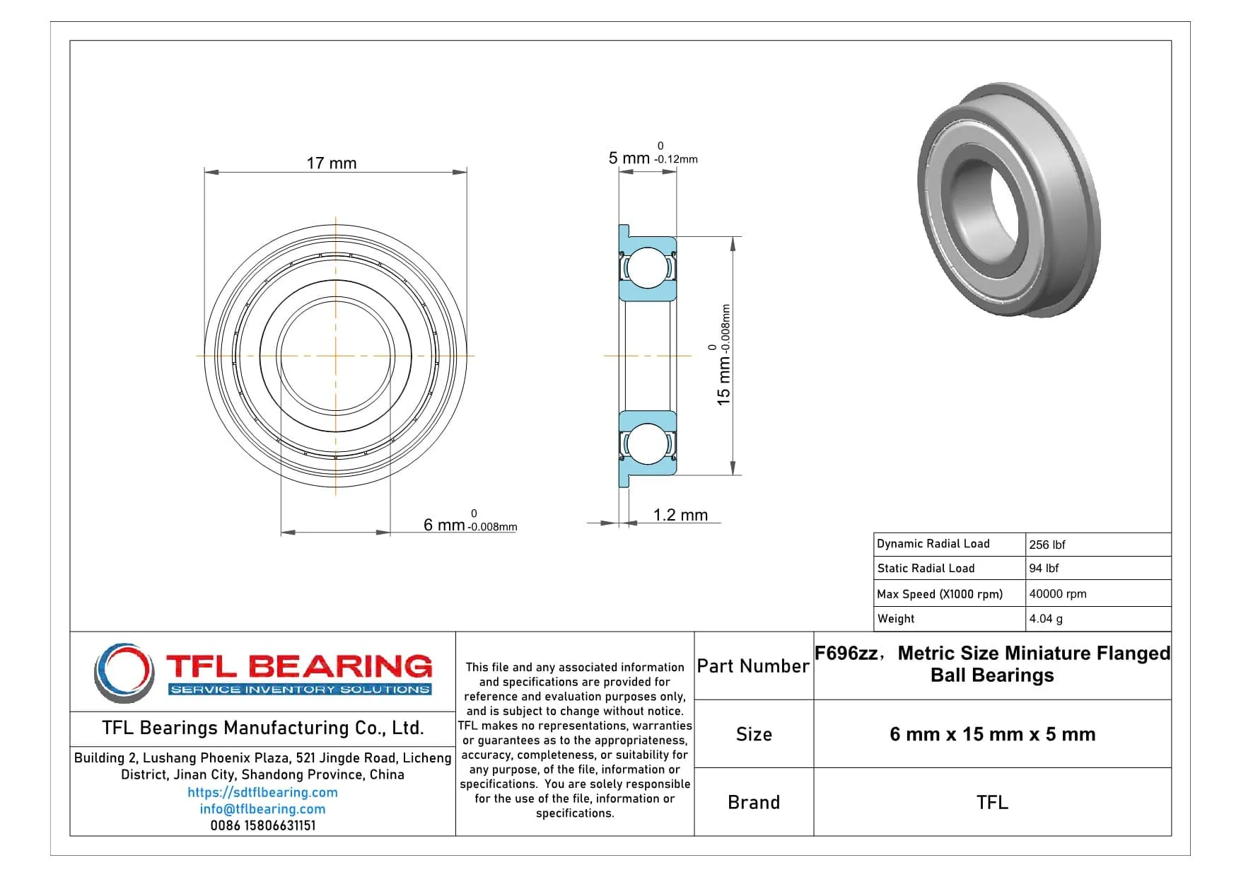 Metric Size Miniature Flanged Ball Bearings F696zz dimension drawing