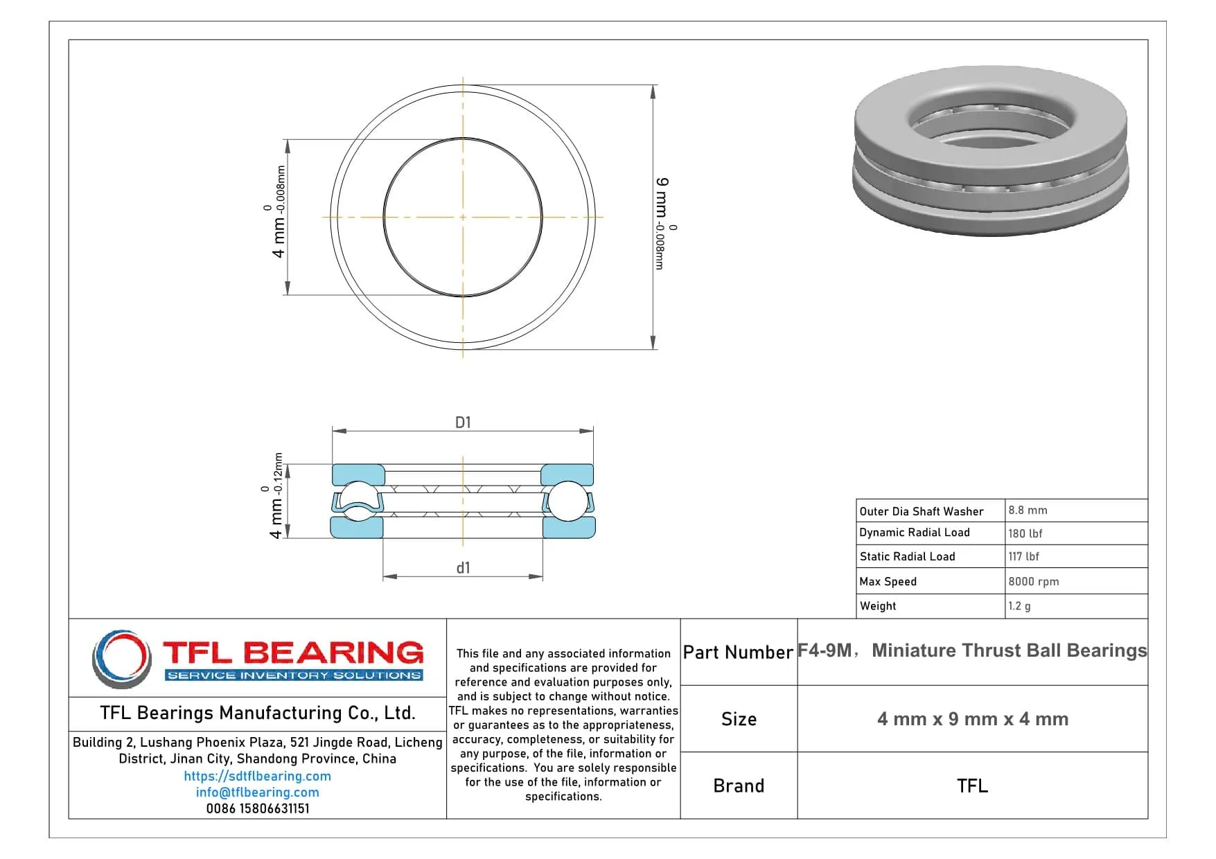 Miniature Thrust Ball Bearings F4-9M dimension drawing