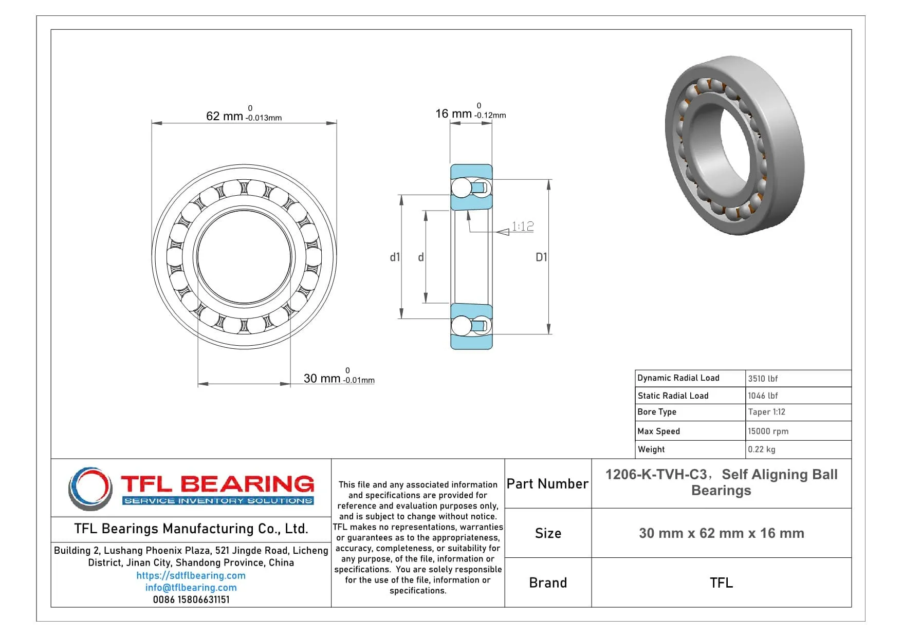 Self Aligning Ball Bearings 1206-K-TVH-C3 dimension drawing