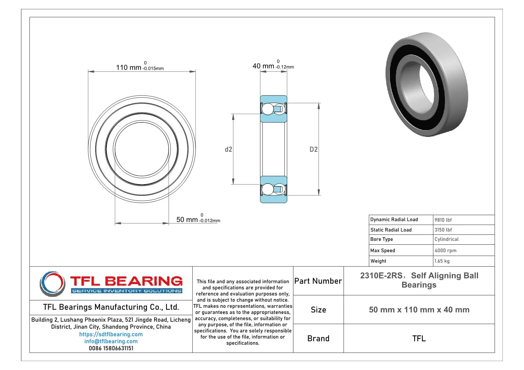 Self Aligning Ball Bearings 2310E-2RS dimension drawing