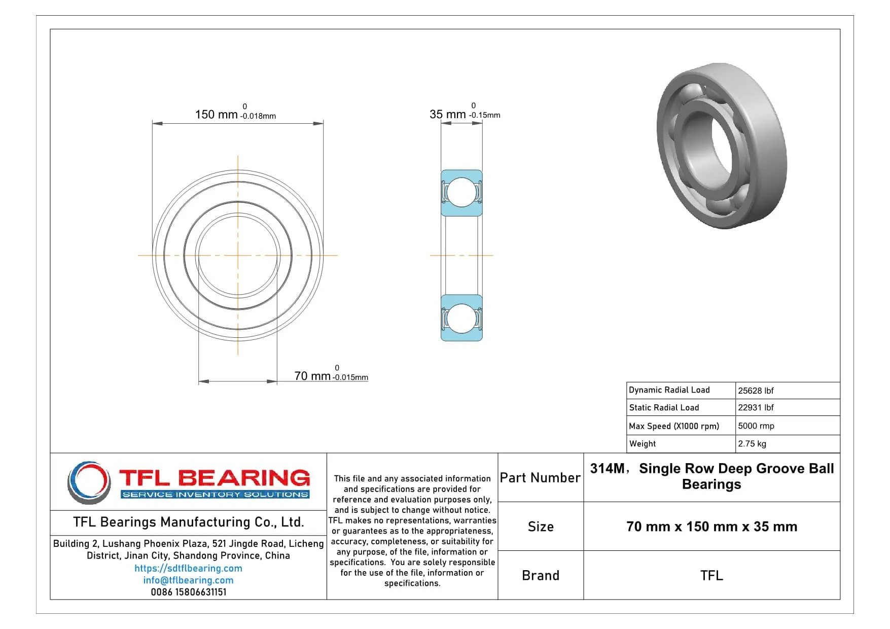 Single Row Deep Groove Ball Bearings 314M dimension drawing