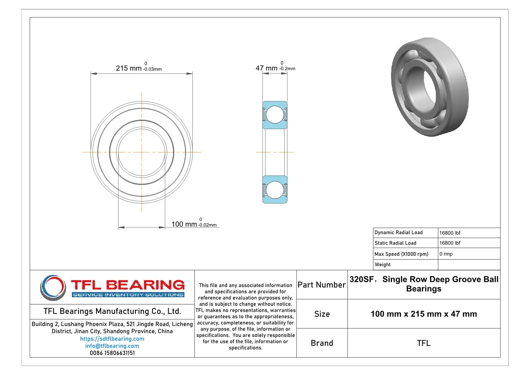 Single Row Deep Groove Ball Bearings 320SF dimension drawing