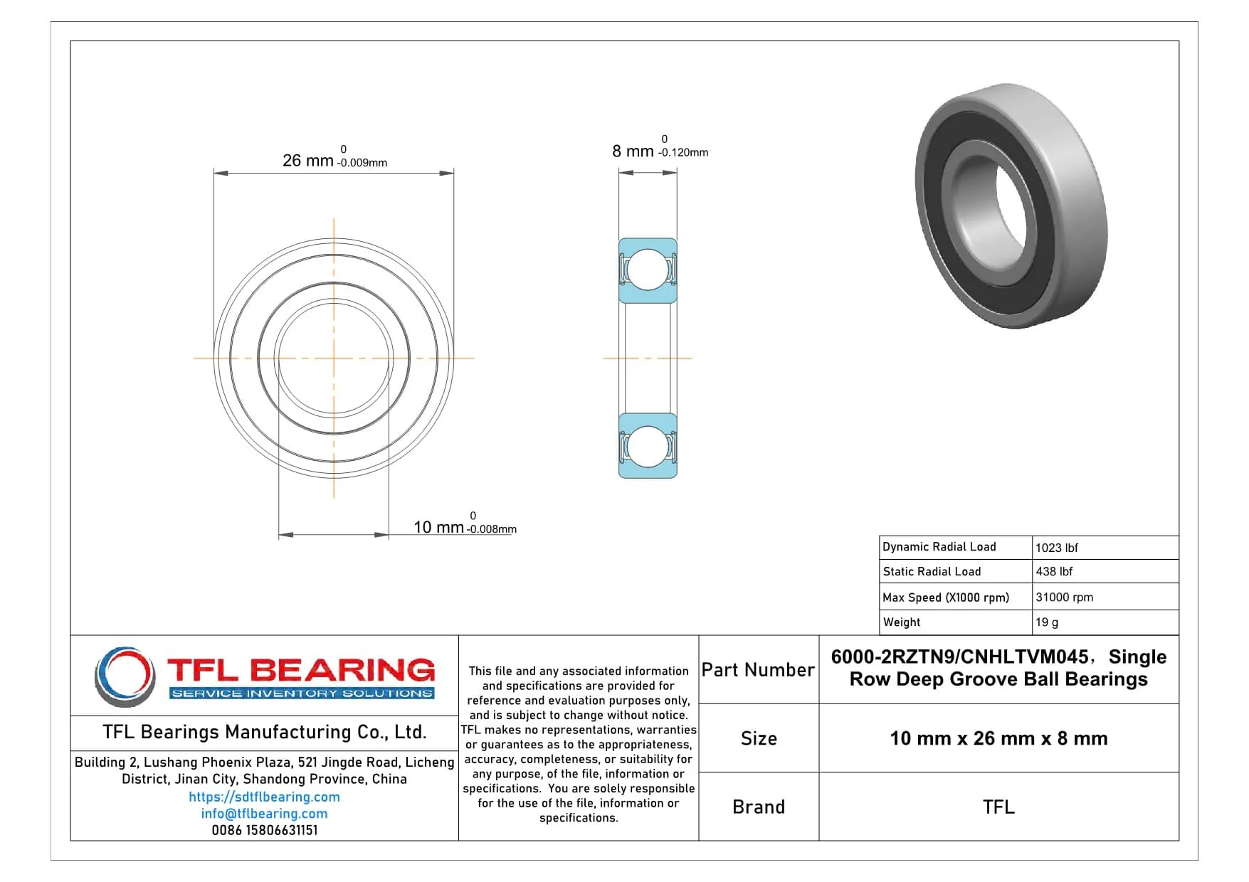 Single Row Deep Groove Ball Bearings 6000-2RZTN9/CNHLTVM045 dimension drawing