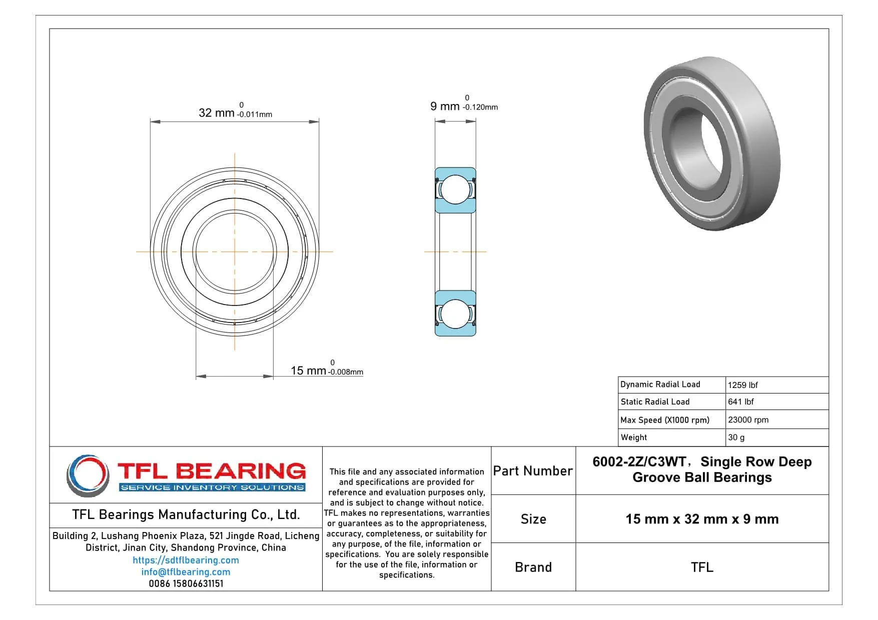Single Row Deep Groove Ball Bearings 6002-2Z/C3WT dimension drawing