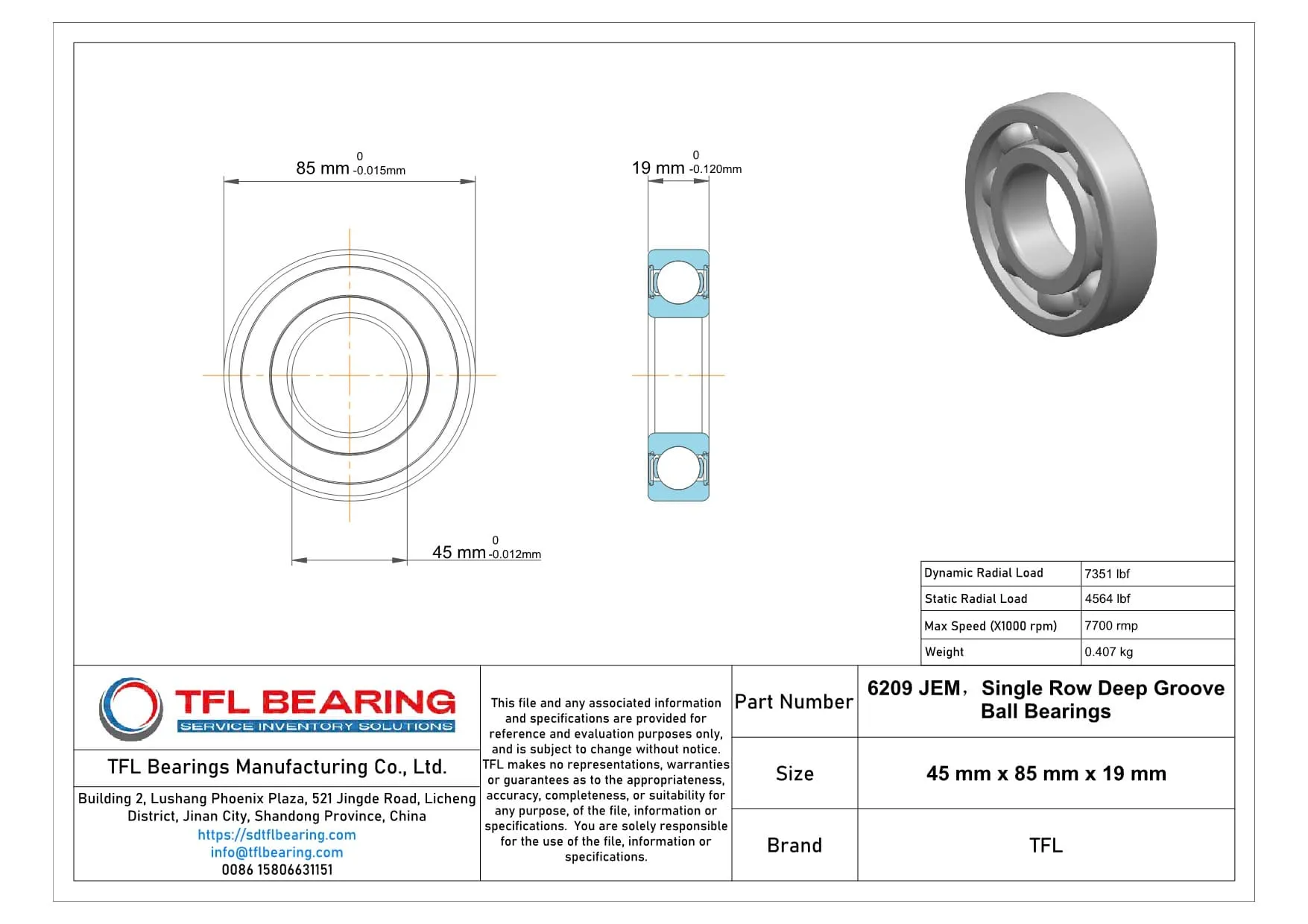 Single Row Deep Groove Ball Bearings 6209 JEM dimension drawing