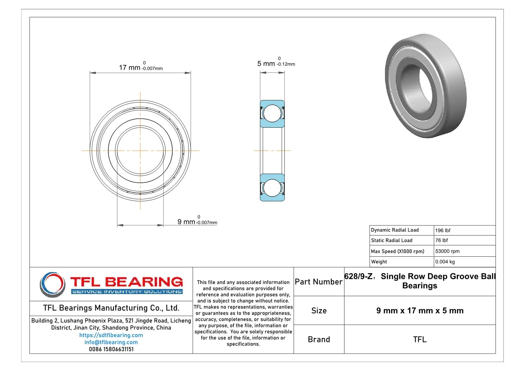 Single Row Deep Groove Ball Bearings 628/9-Z dimension drawing