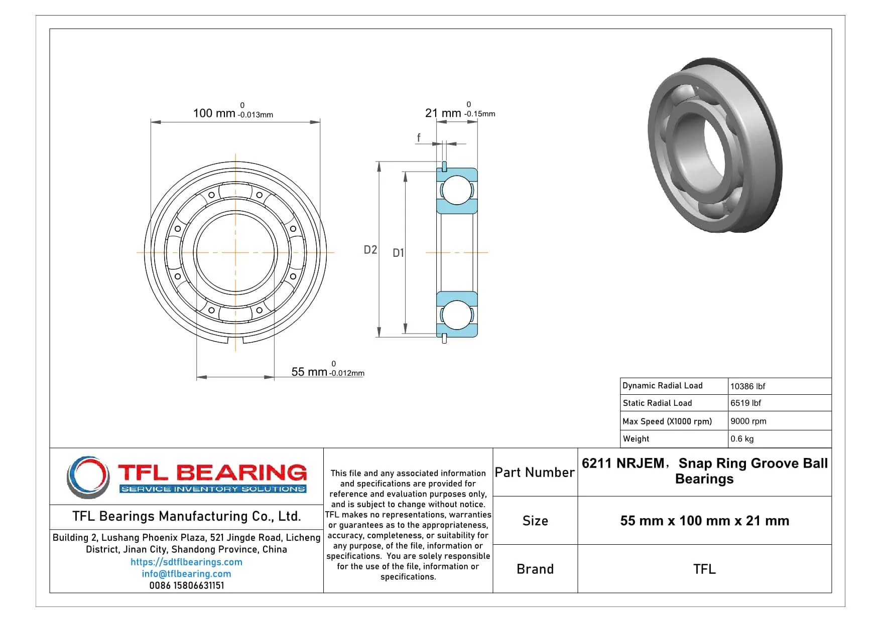 Snap Ring Groove Ball Bearings 6211 NRJEM dimension drawing