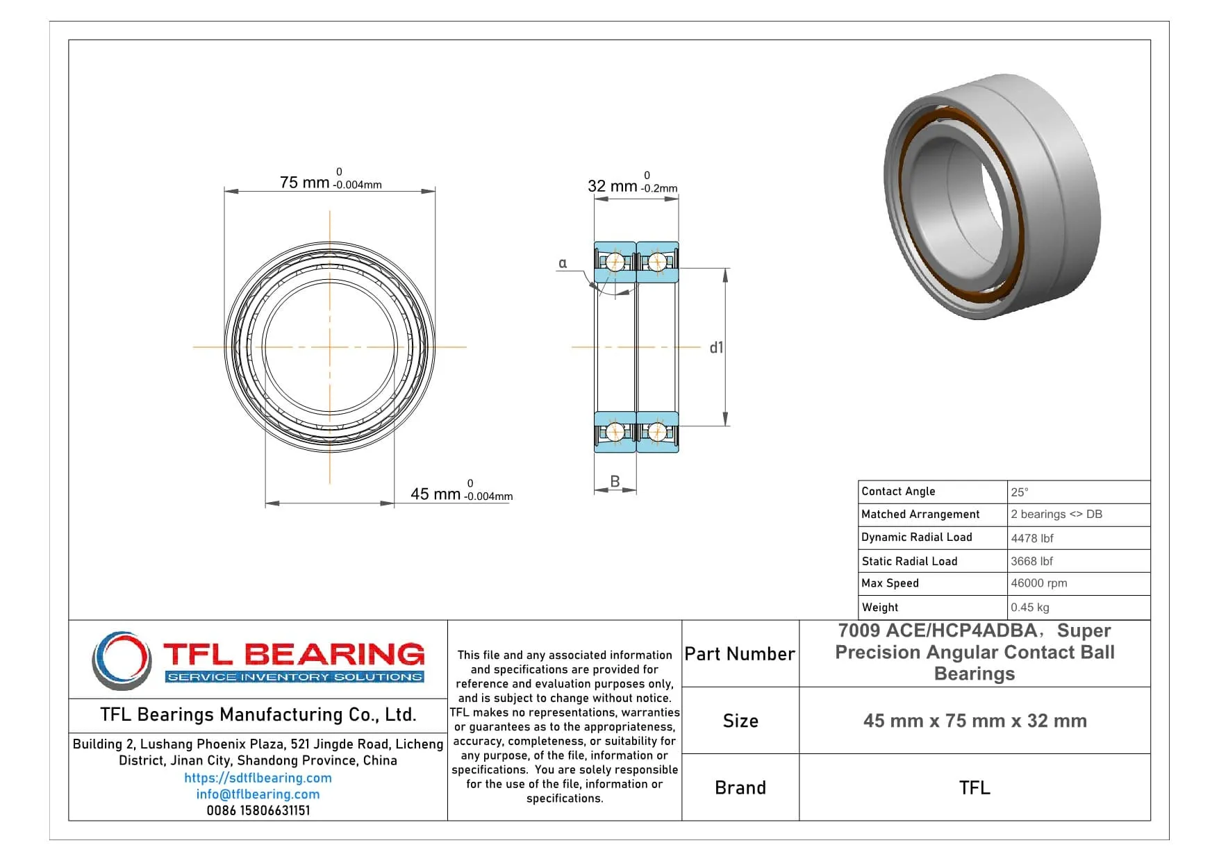 Super Precision Angular Contact Ball Bearings 7009 ACE/HCP4ADBA dimension drawing