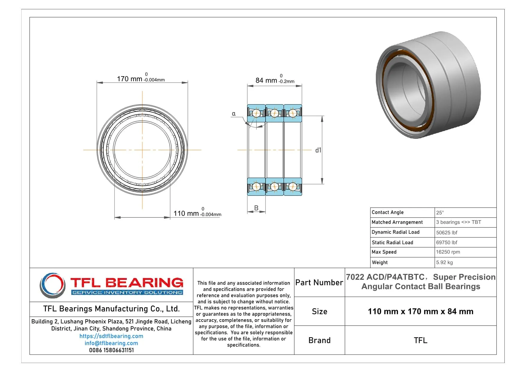 Super Precision Angular Contact Ball Bearings 7022 ACD/P4ATBTC dimension drawing
