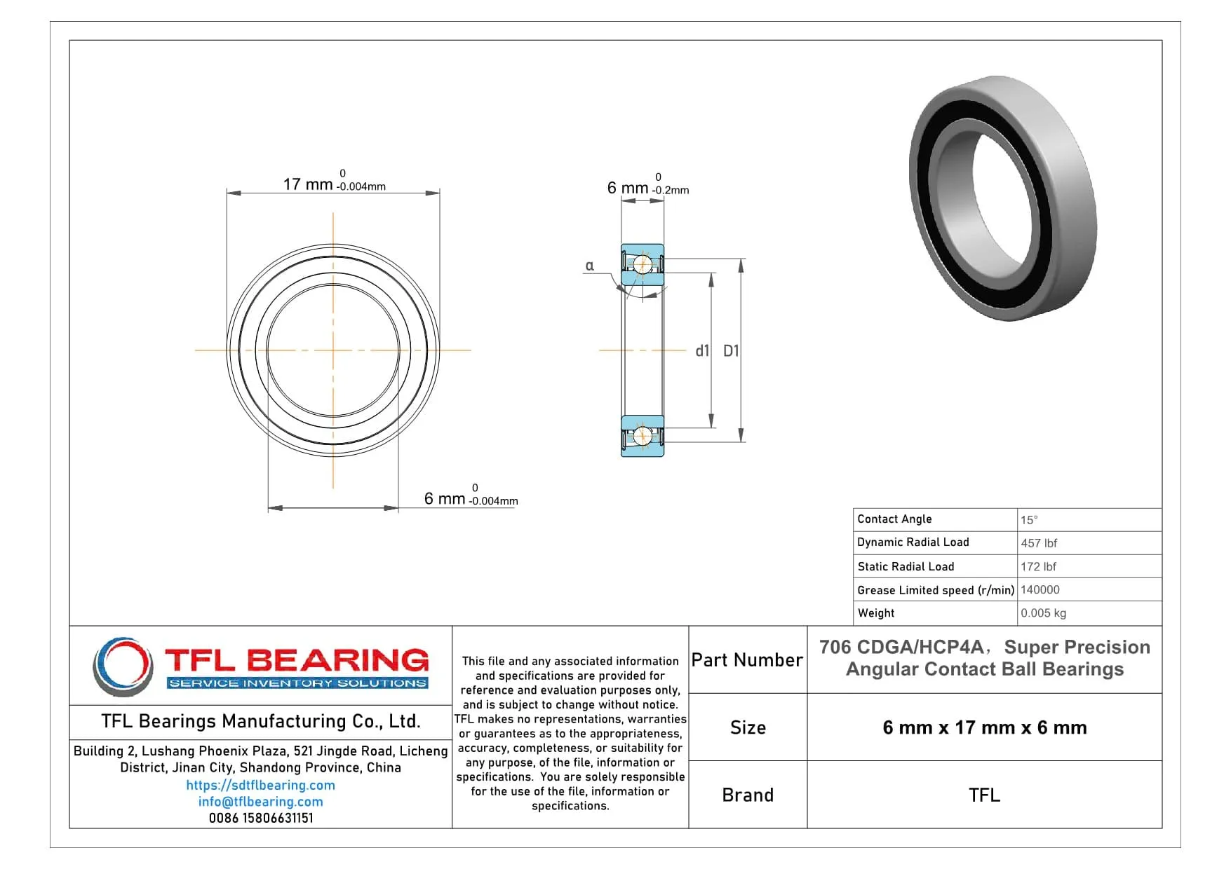 Super Precision Angular Contact Ball Bearings 706 CDGA/HCP4A dimension drawing