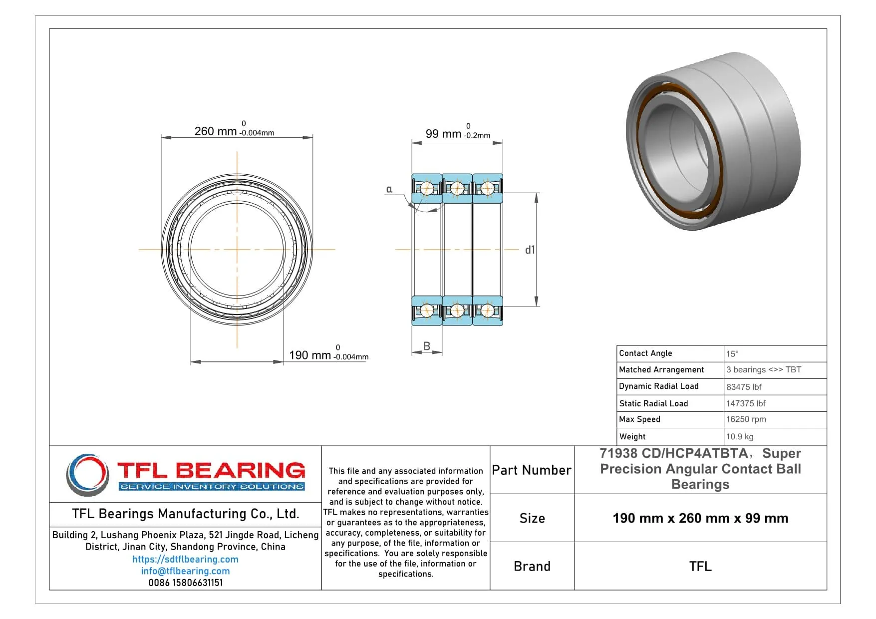 Super Precision Angular Contact Ball Bearings 71938 CD/HCP4ATBTA dimension drawing