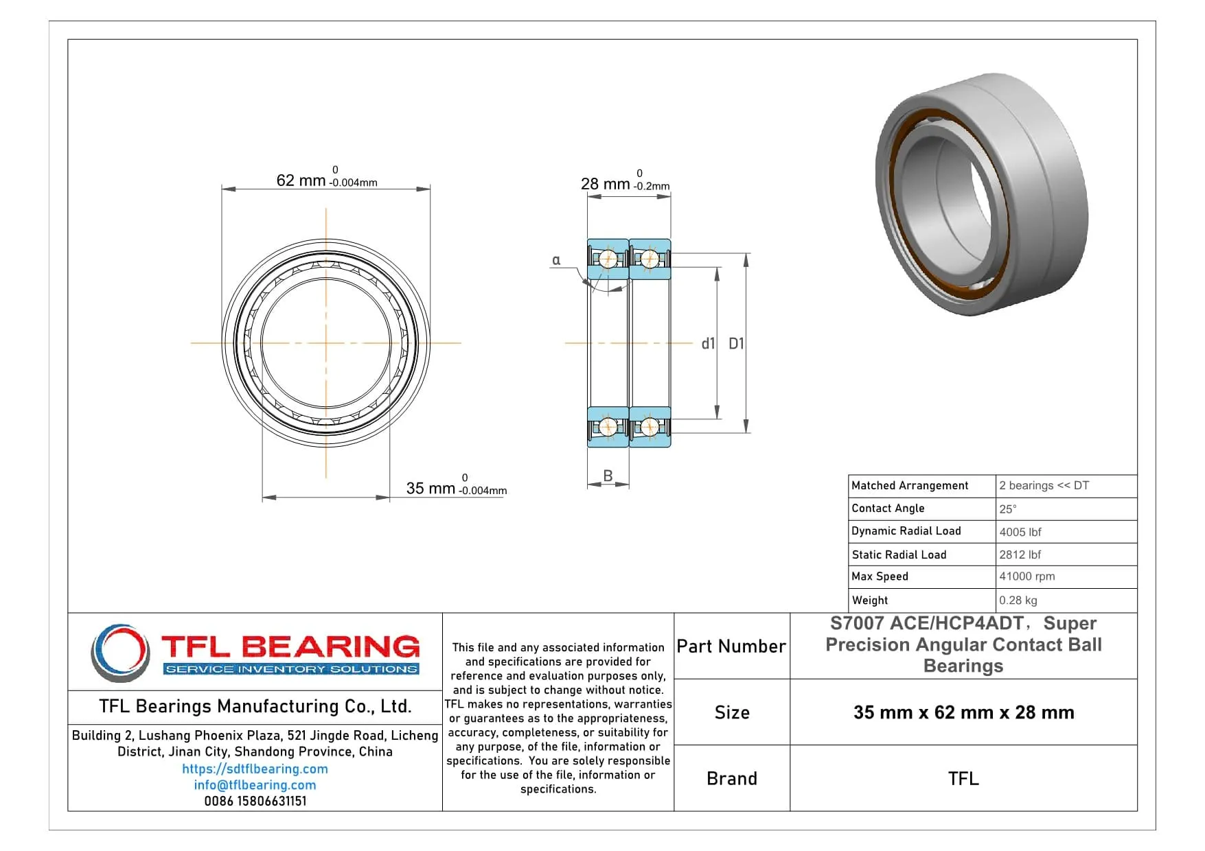 Super Precision Angular Contact Ball Bearings S7007 ACE/HCP4ADT dimension drawing