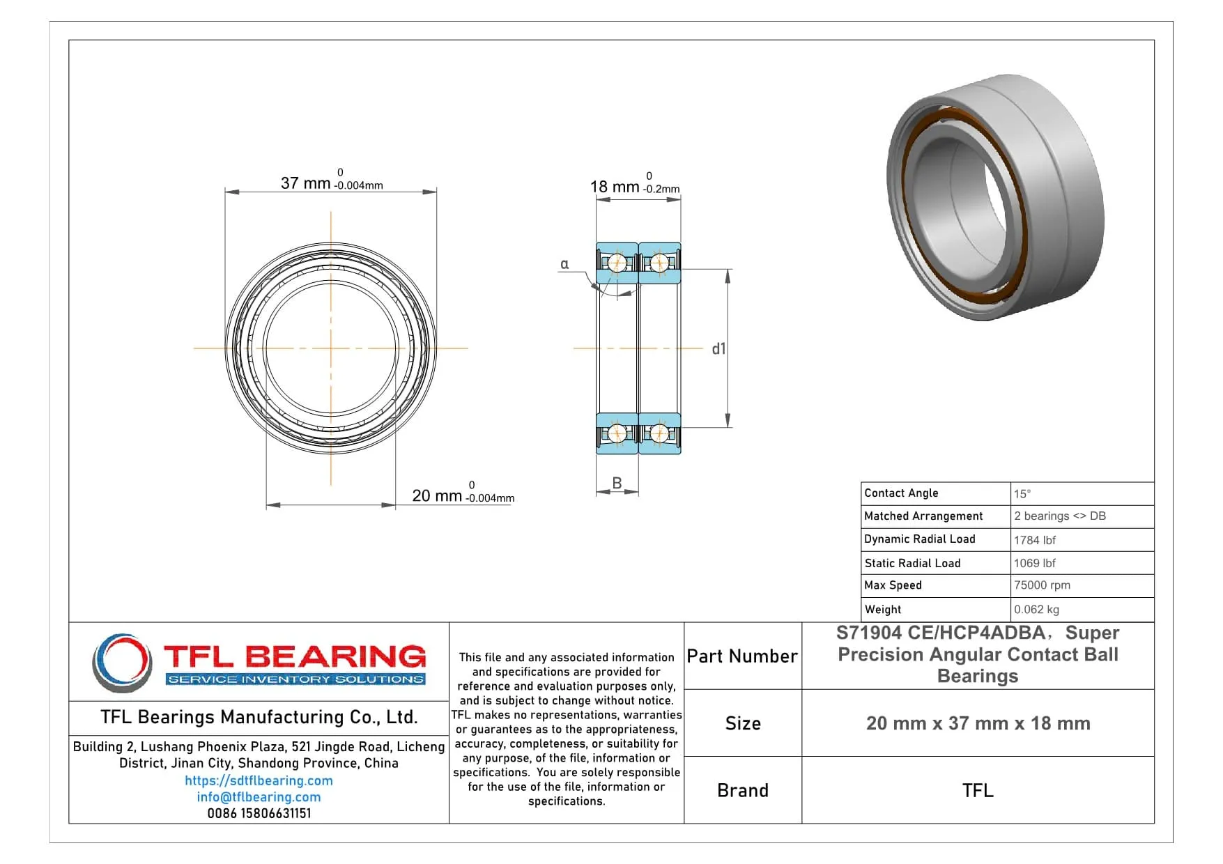 Super Precision Angular Contact Ball Bearings S71904 CE/HCP4ADBA dimension drawing