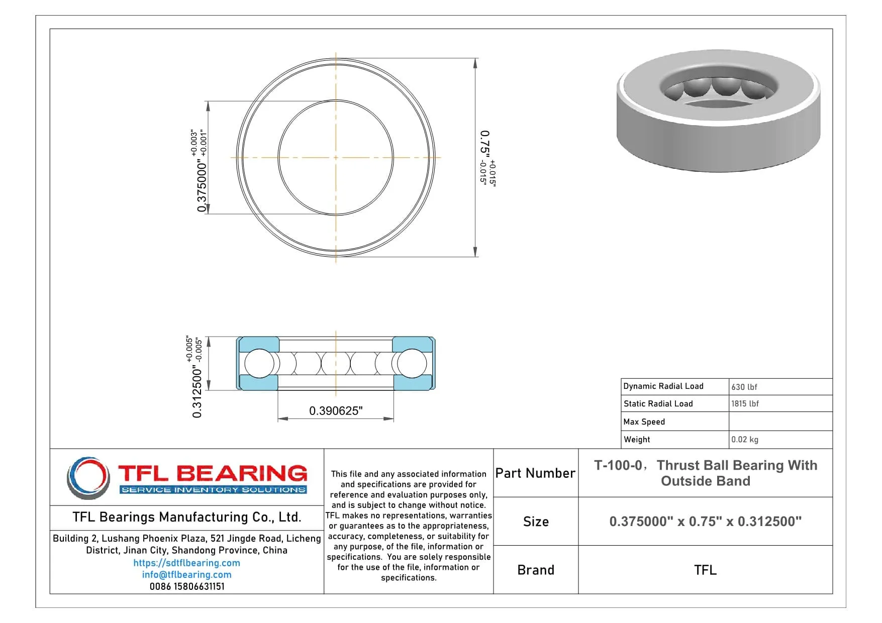 Thrust Ball Bearing With Outside Band T-100-0 dimension drawing