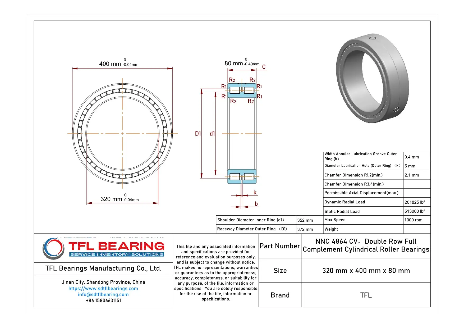 Double Row Full Complement Cylindrical Roller Bearings NNC 4864 CV dimension drawing