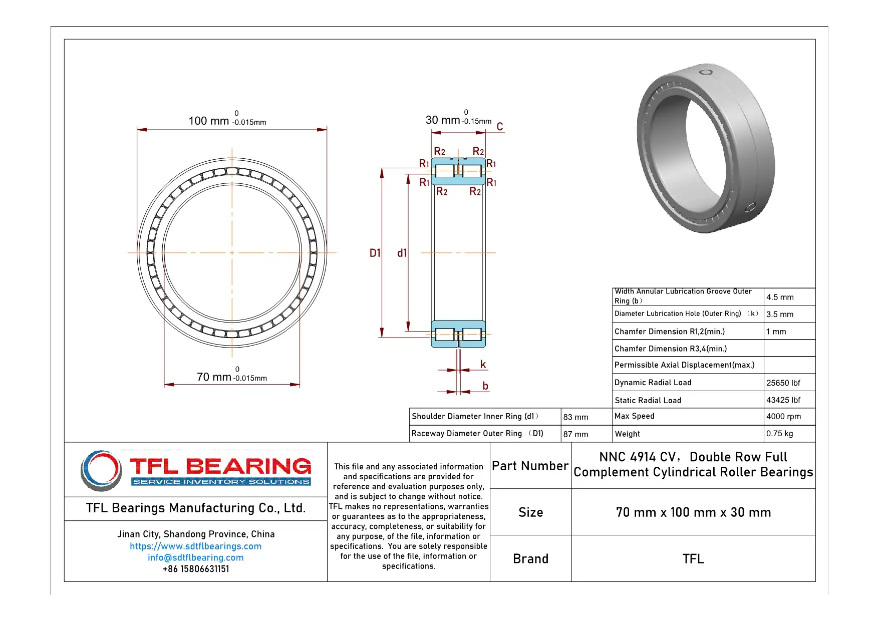 Double Row Full Complement Cylindrical Roller Bearings NNC 4914 CV dimension drawing