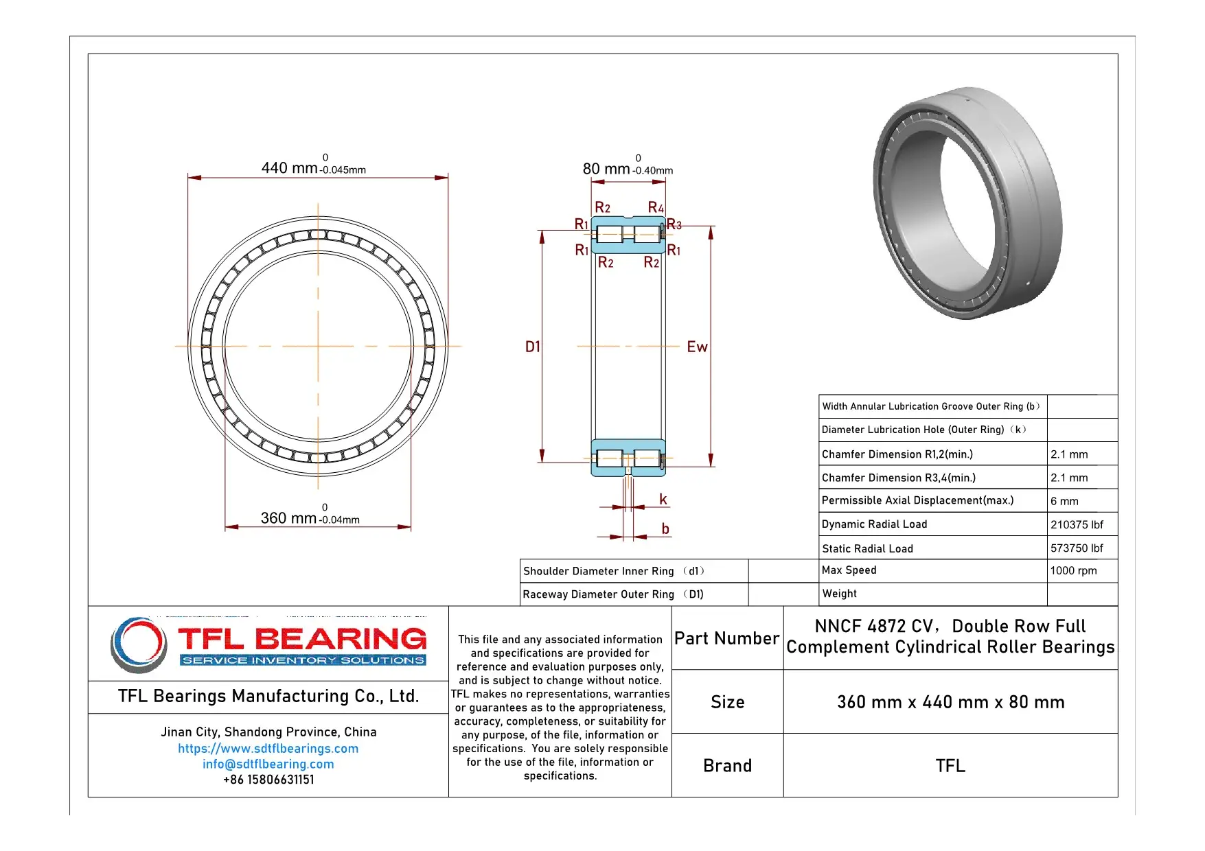Double Row Full Complement Cylindrical Roller Bearings NNCF 4872 CV dimension drawing