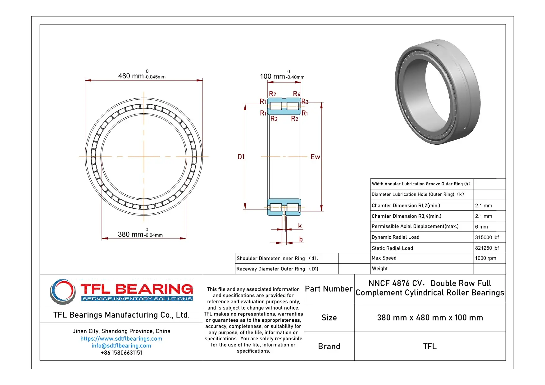 Double Row Full Complement Cylindrical Roller Bearings NNCF 4876 CV dimension drawing
