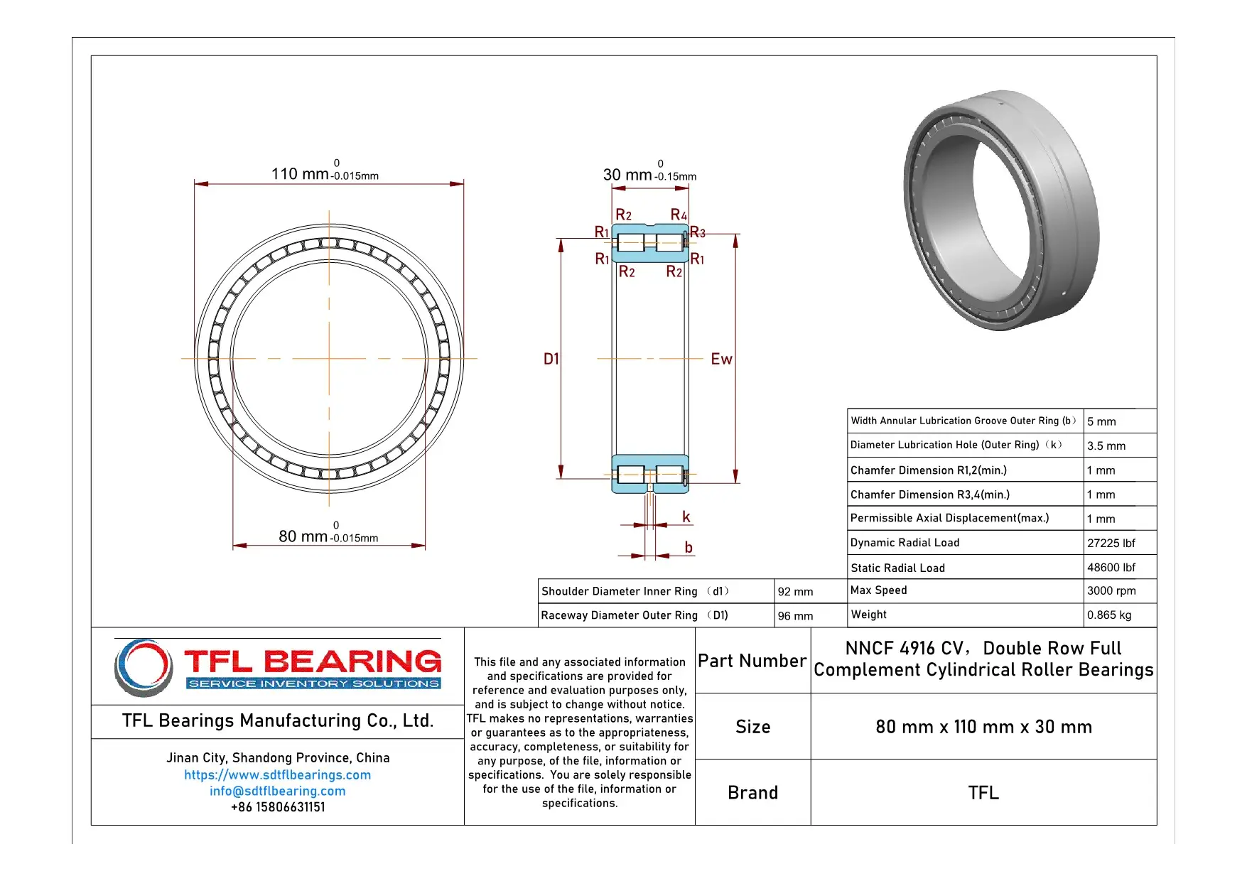 Double Row Full Complement Cylindrical Roller Bearings NNCF 4916 CV dimension drawing