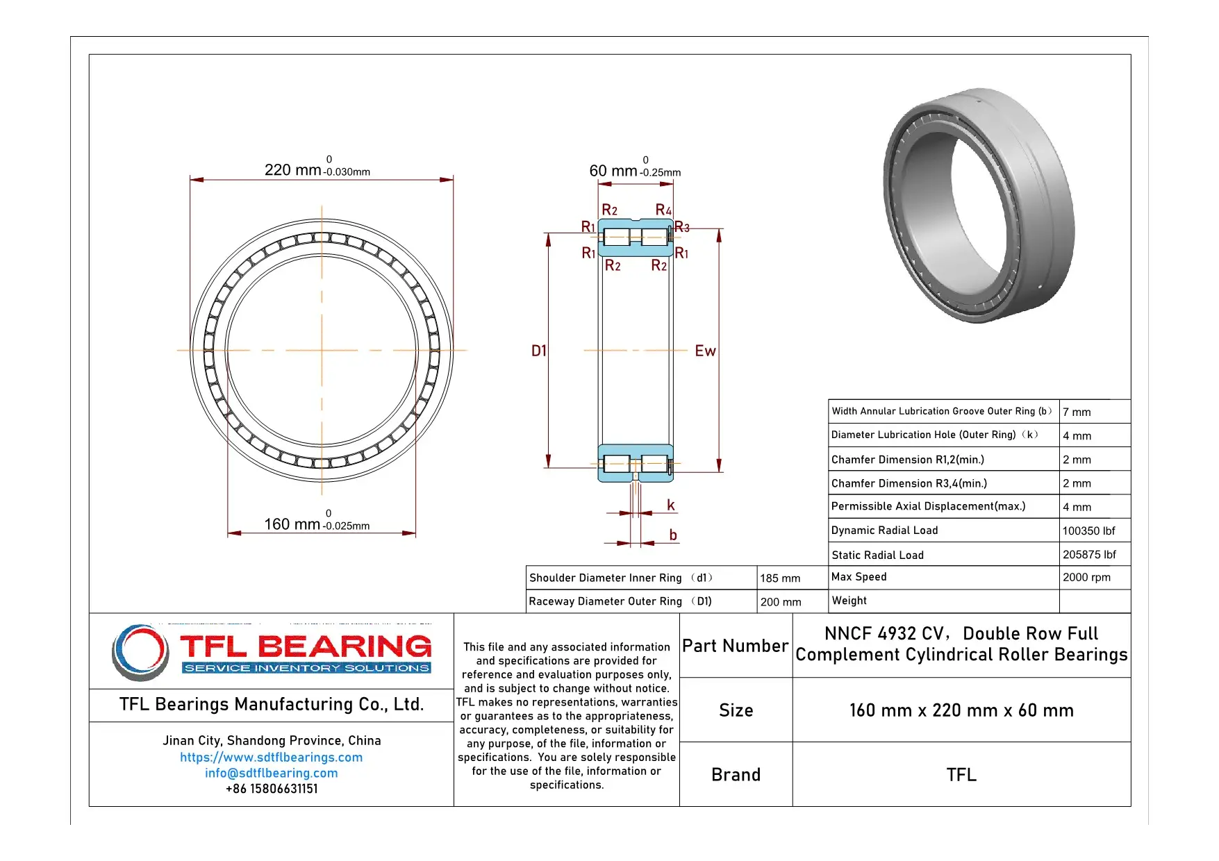 Double Row Full Complement Cylindrical Roller Bearings NNCF 4932 CV dimension drawing