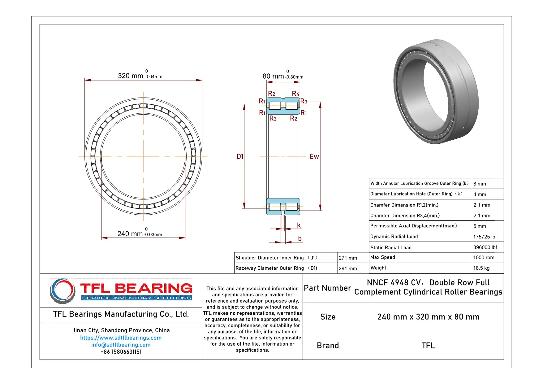 Double Row Full Complement Cylindrical Roller Bearings NNCF 4948 CV dimension drawing
