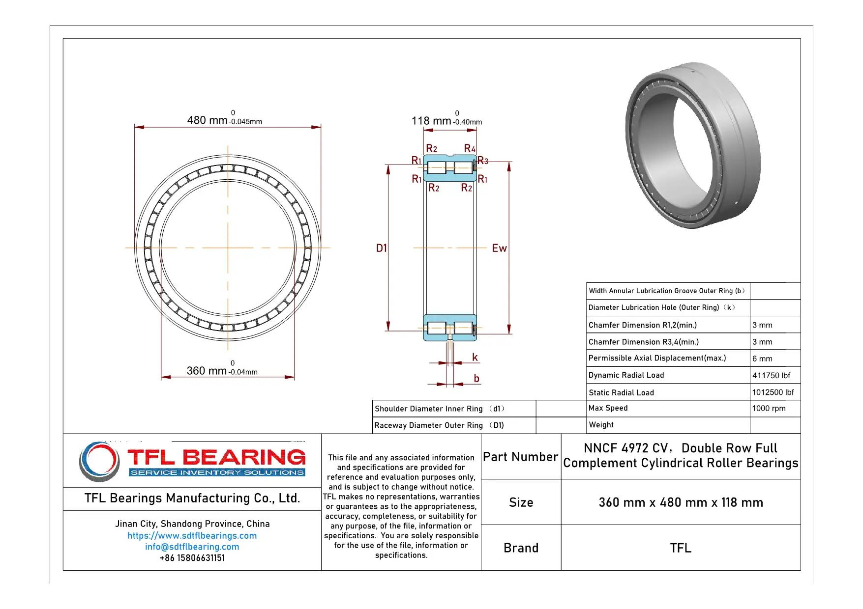 Double Row Full Complement Cylindrical Roller Bearings NNCF 4972 CV dimension drawing