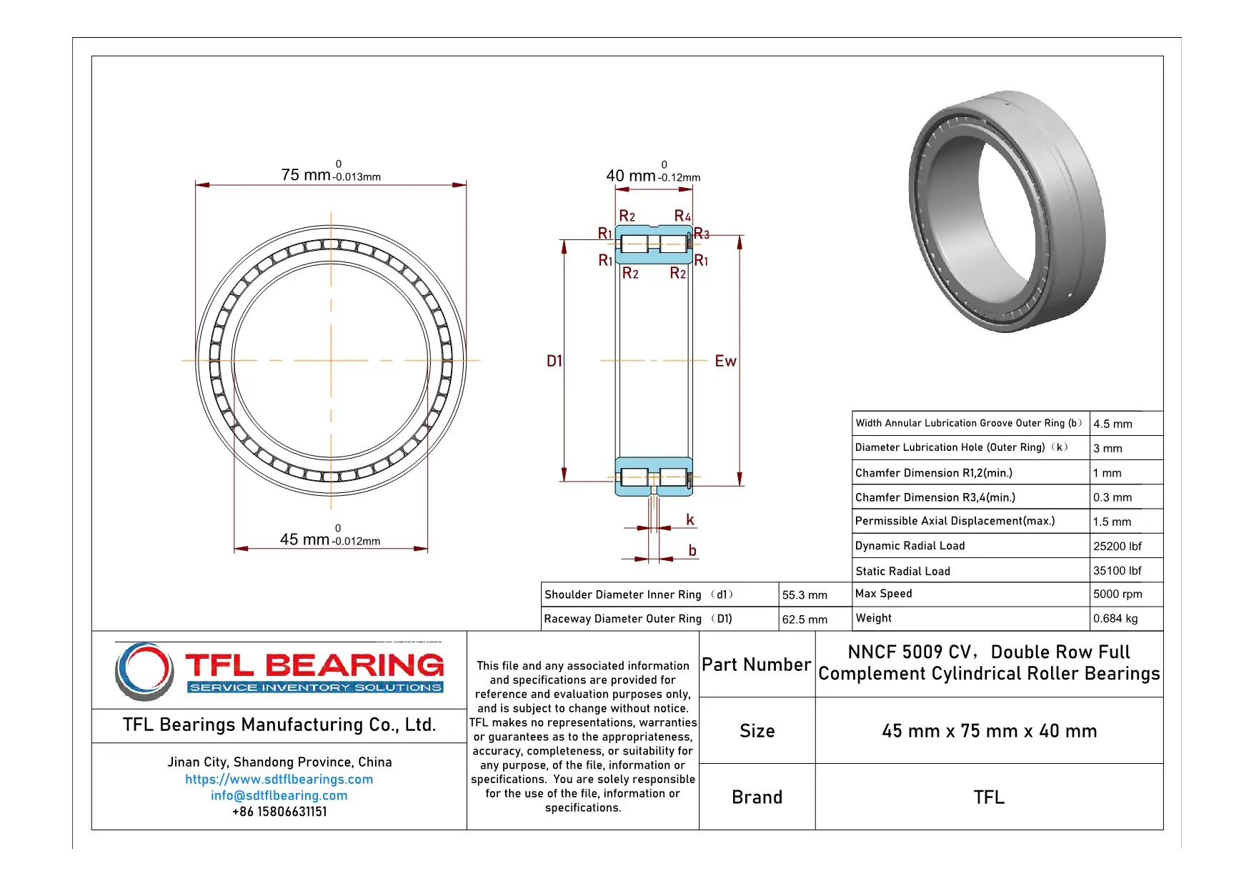 Double Row Full Complement Cylindrical Roller Bearings NNCF 5009 CV dimension drawing