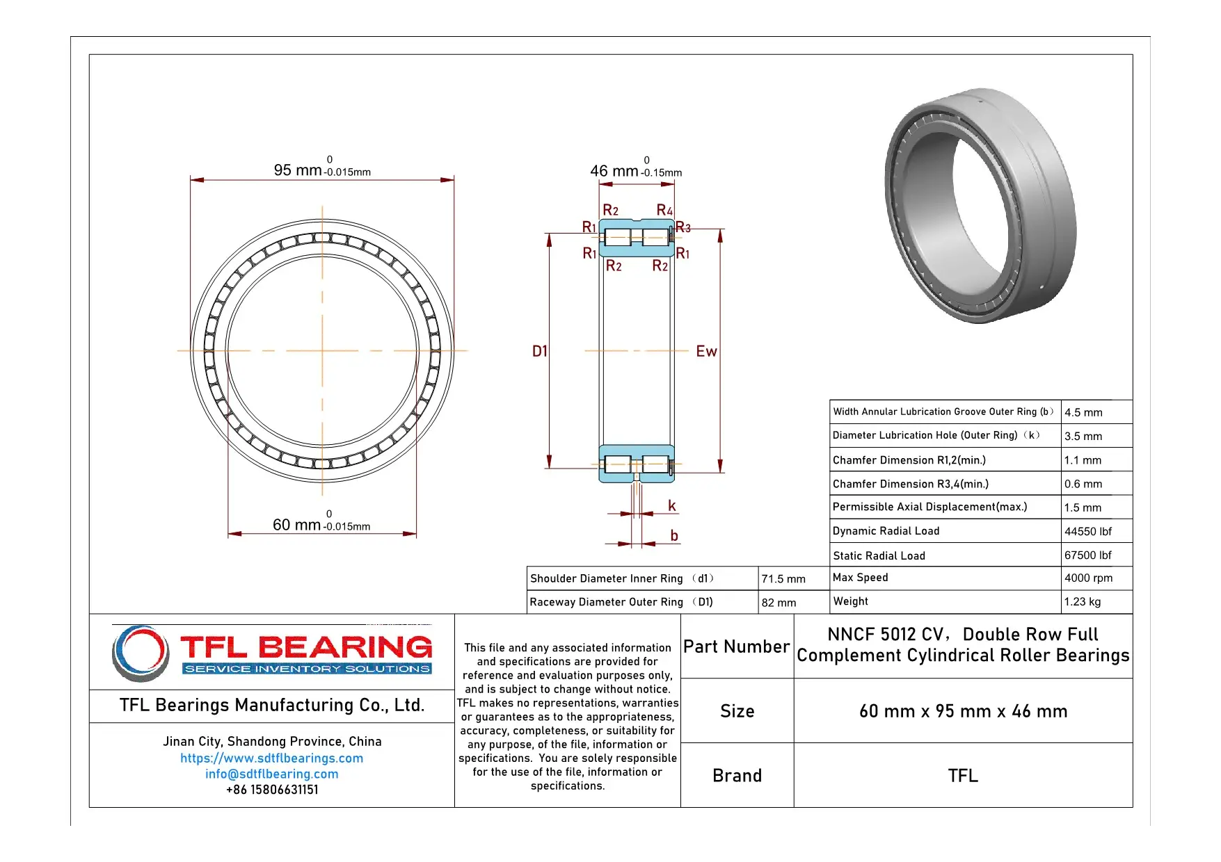 Double Row Full Complement Cylindrical Roller Bearings NNCF 5012 CV dimension drawing