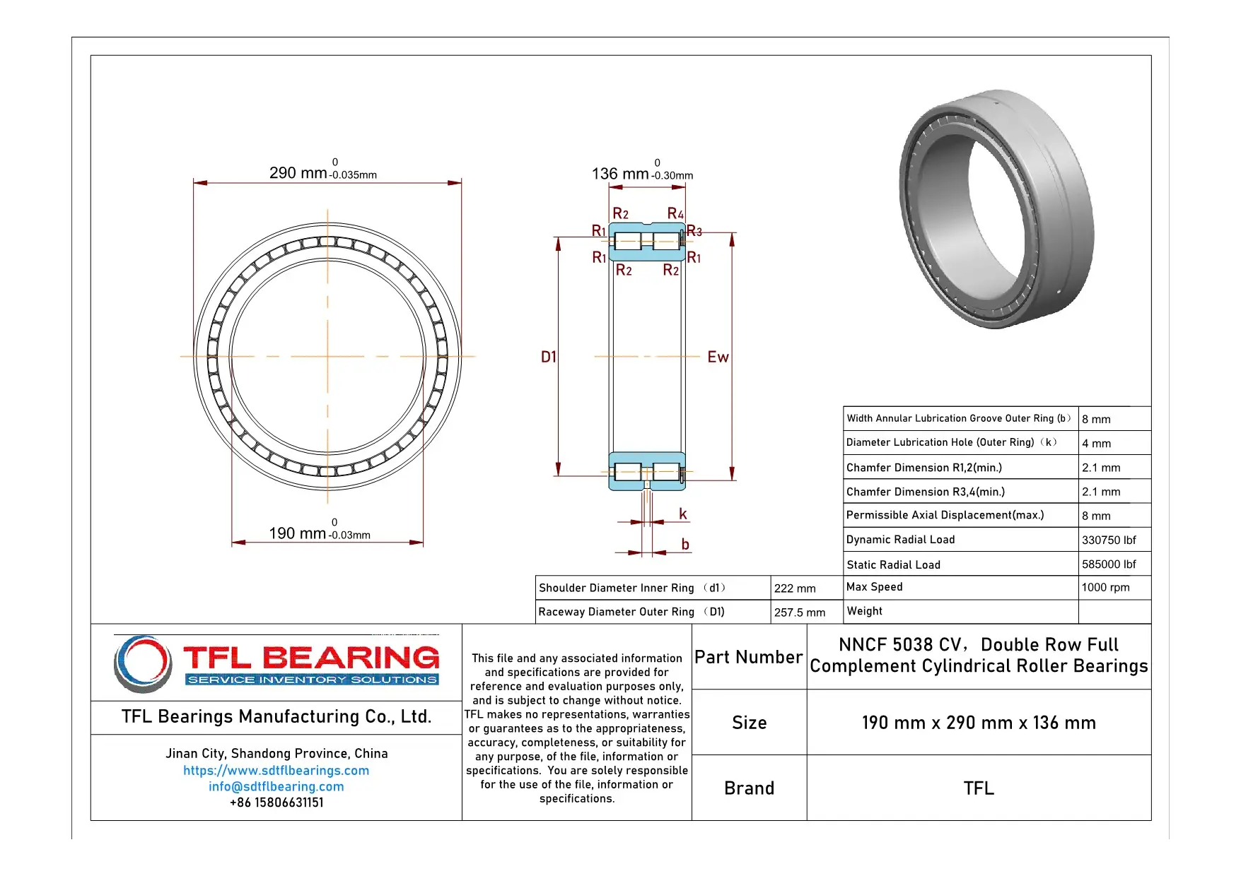 Double Row Full Complement Cylindrical Roller Bearings NNCF 5038 CV dimension drawing