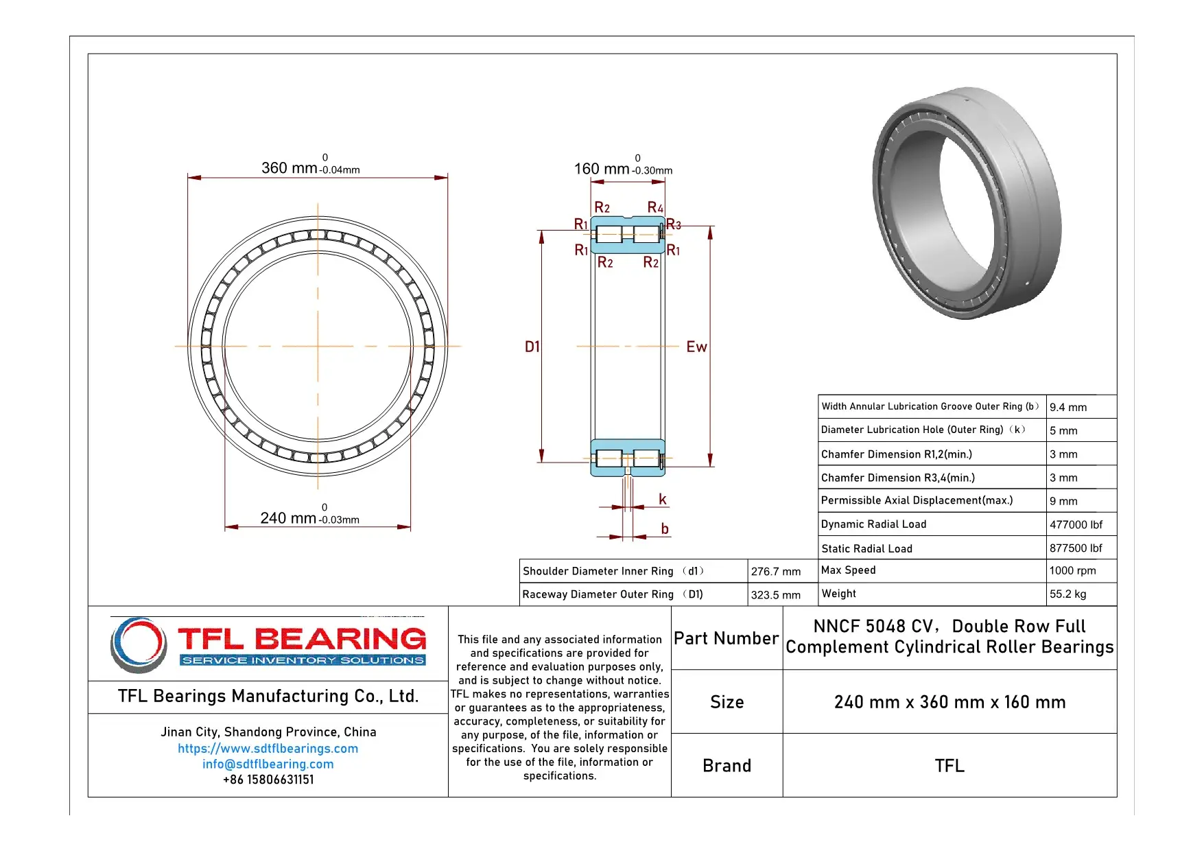 Double Row Full Complement Cylindrical Roller Bearings NNCF 5048 CV dimension drawing