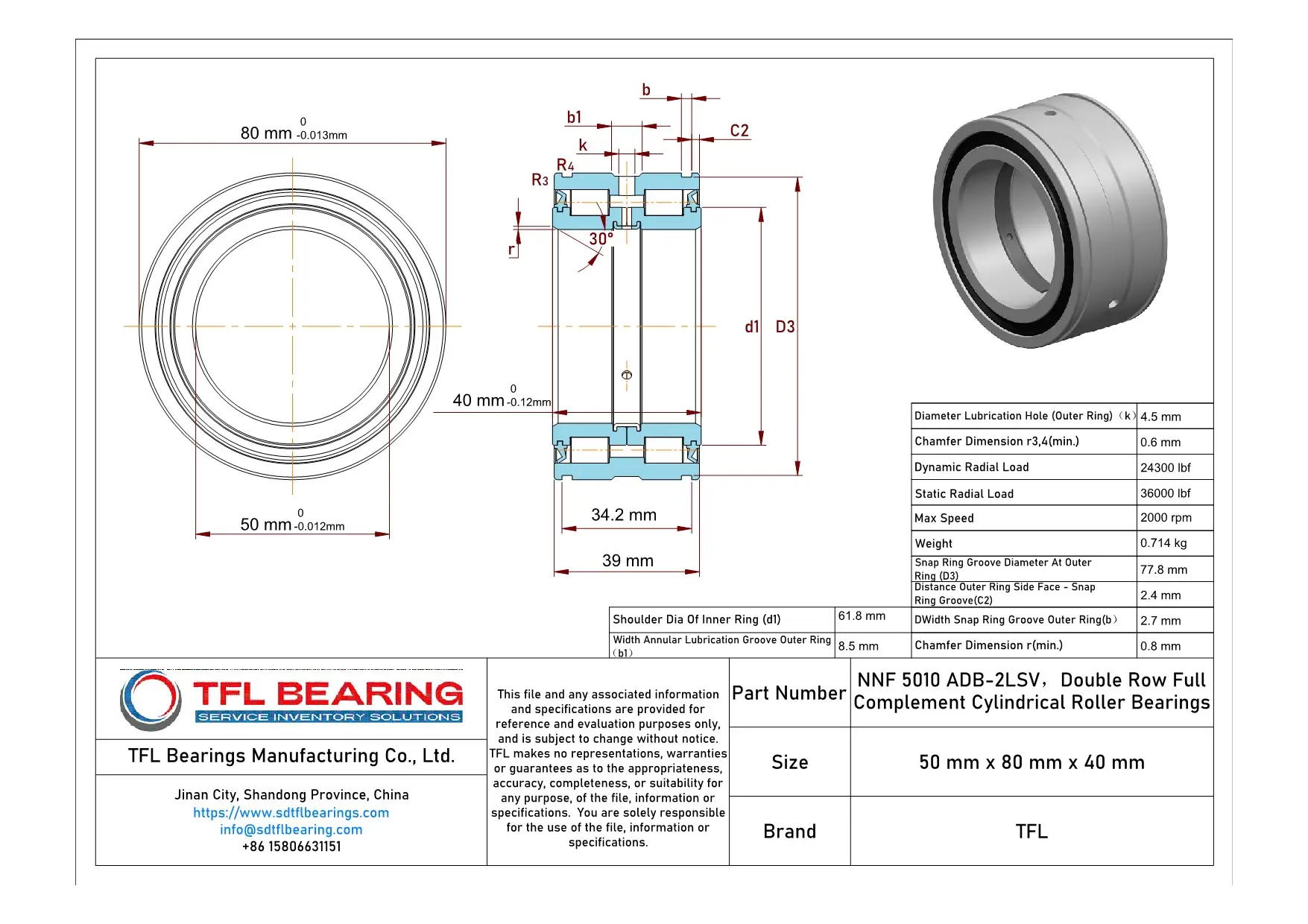 Double Row Full Complement Cylindrical Roller Bearings NNF 5010 ADB-2LSV dimension drawing