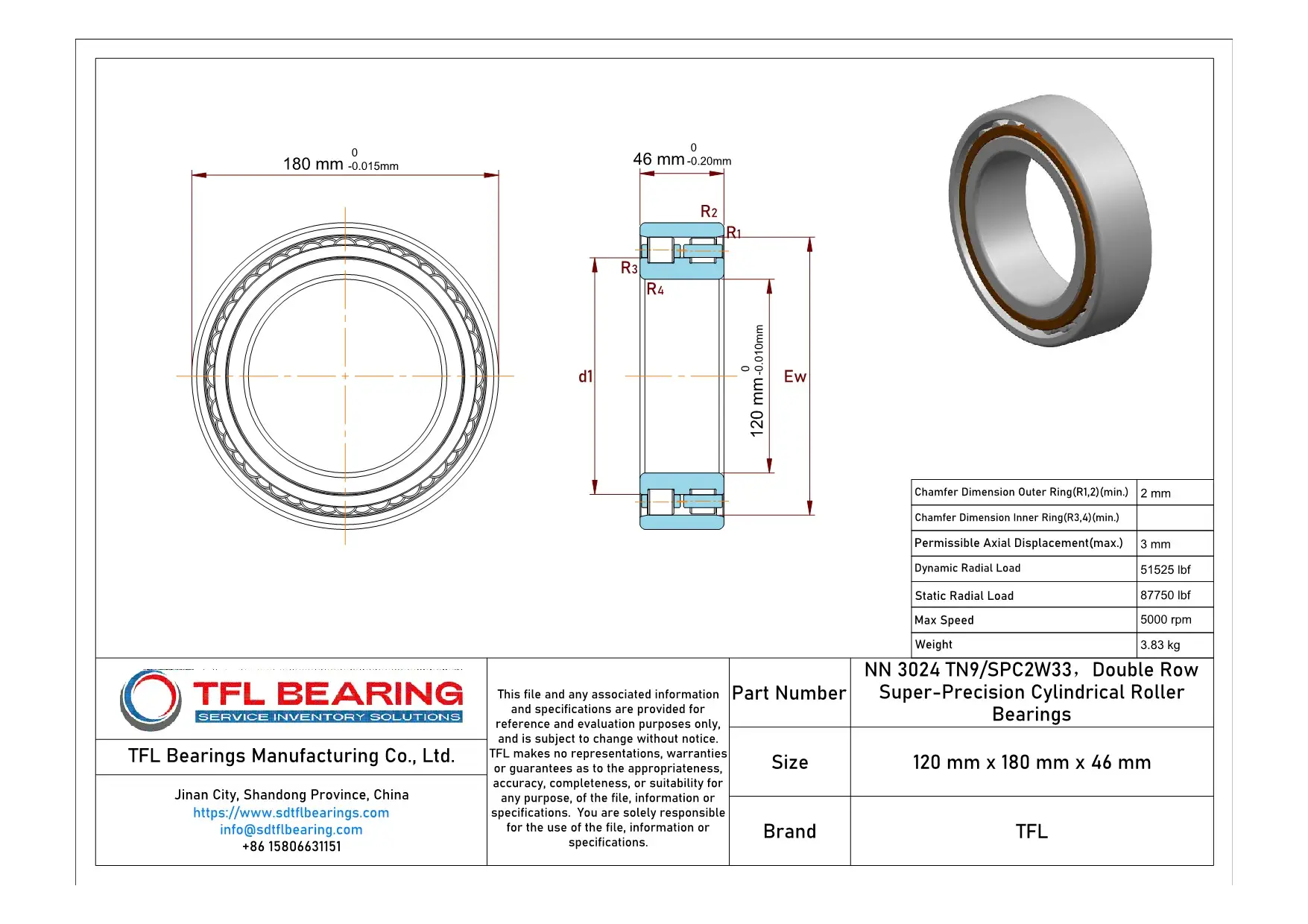 Double Row Super-Precision Cylindrical Roller Bearings NN 3024 TN9/SPC2W33 dimension drawing