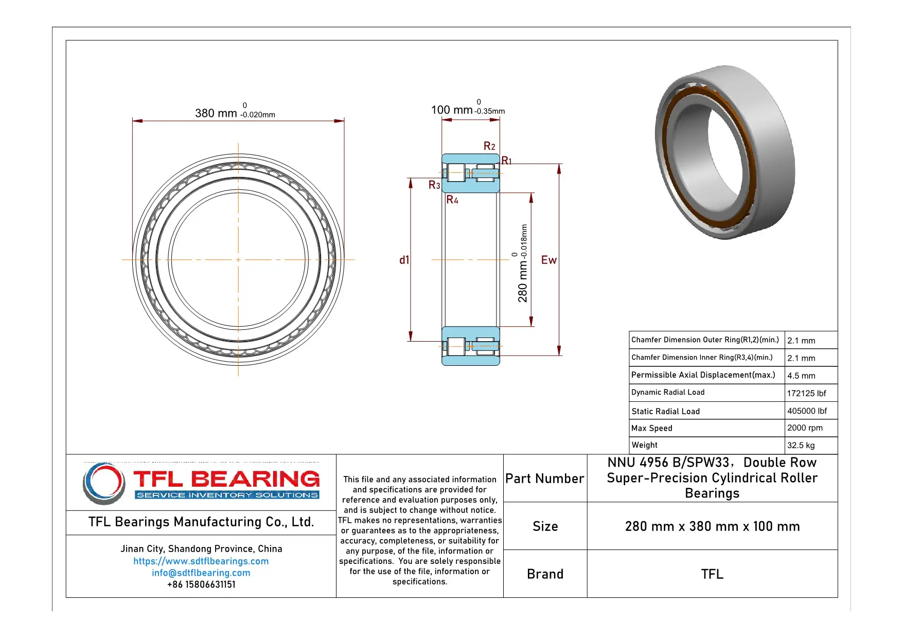 Double Row Super-Precision Cylindrical Roller Bearings NNU 4956 B/SPW33 dimension drawing