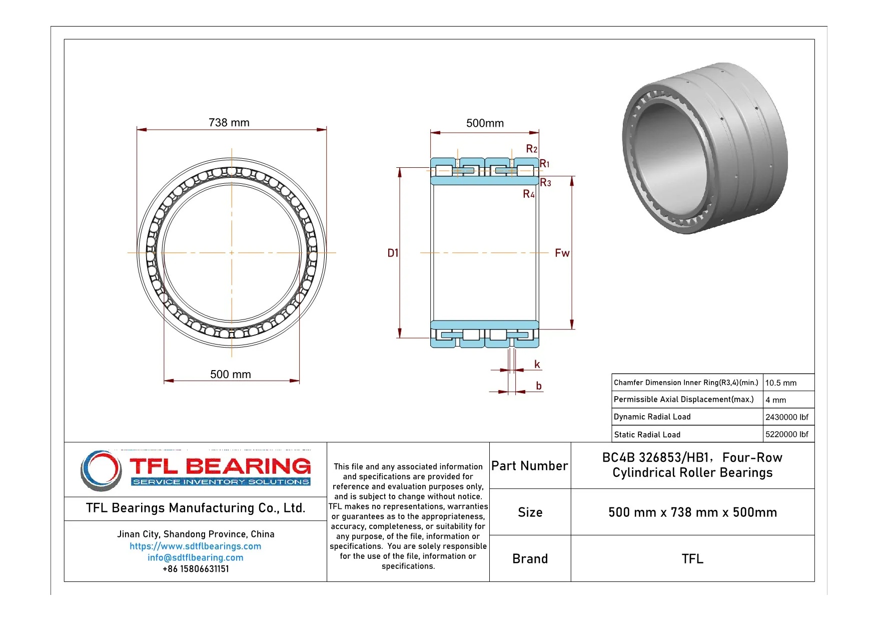 Four-Row Cylindrical Roller Bearings BC4B 326853/HB1 dimension drawing