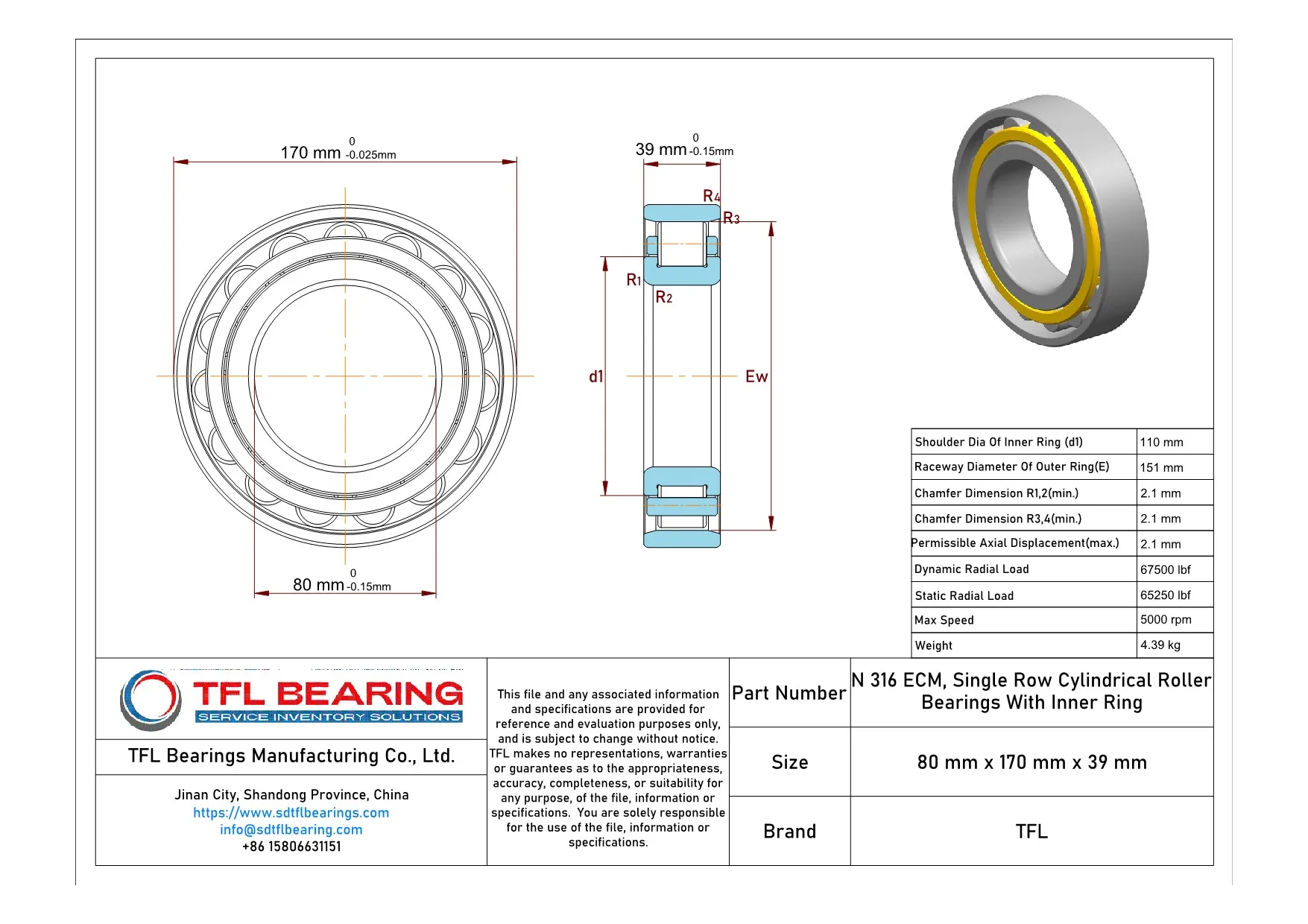 Single Row Cylindrical Roller Bearings With Inner Ring N 316 ECM dimension drawing