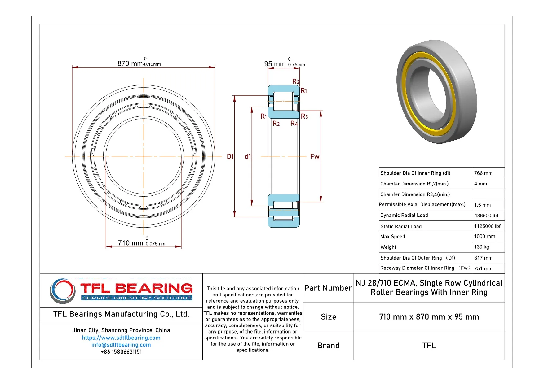 Single Row Cylindrical Roller Bearings With Inner Ring NJ 28/710 ECMA dimension drawing