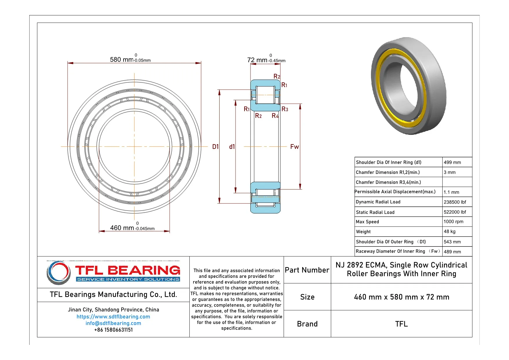 Single Row Cylindrical Roller Bearings With Inner Ring NJ 2892 ECMA dimension drawing