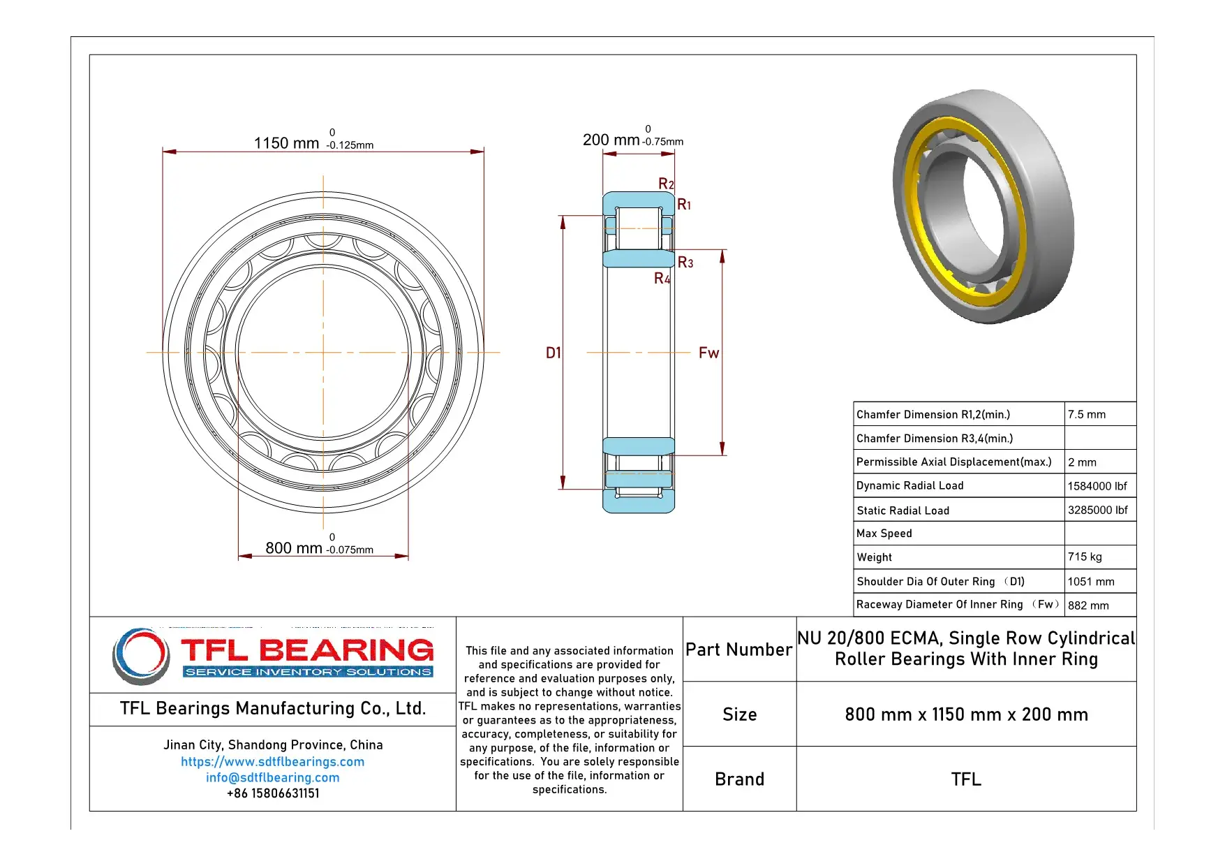 Single Row Cylindrical Roller Bearings With Inner Ring NU 20/800 ECMA dimension drawing