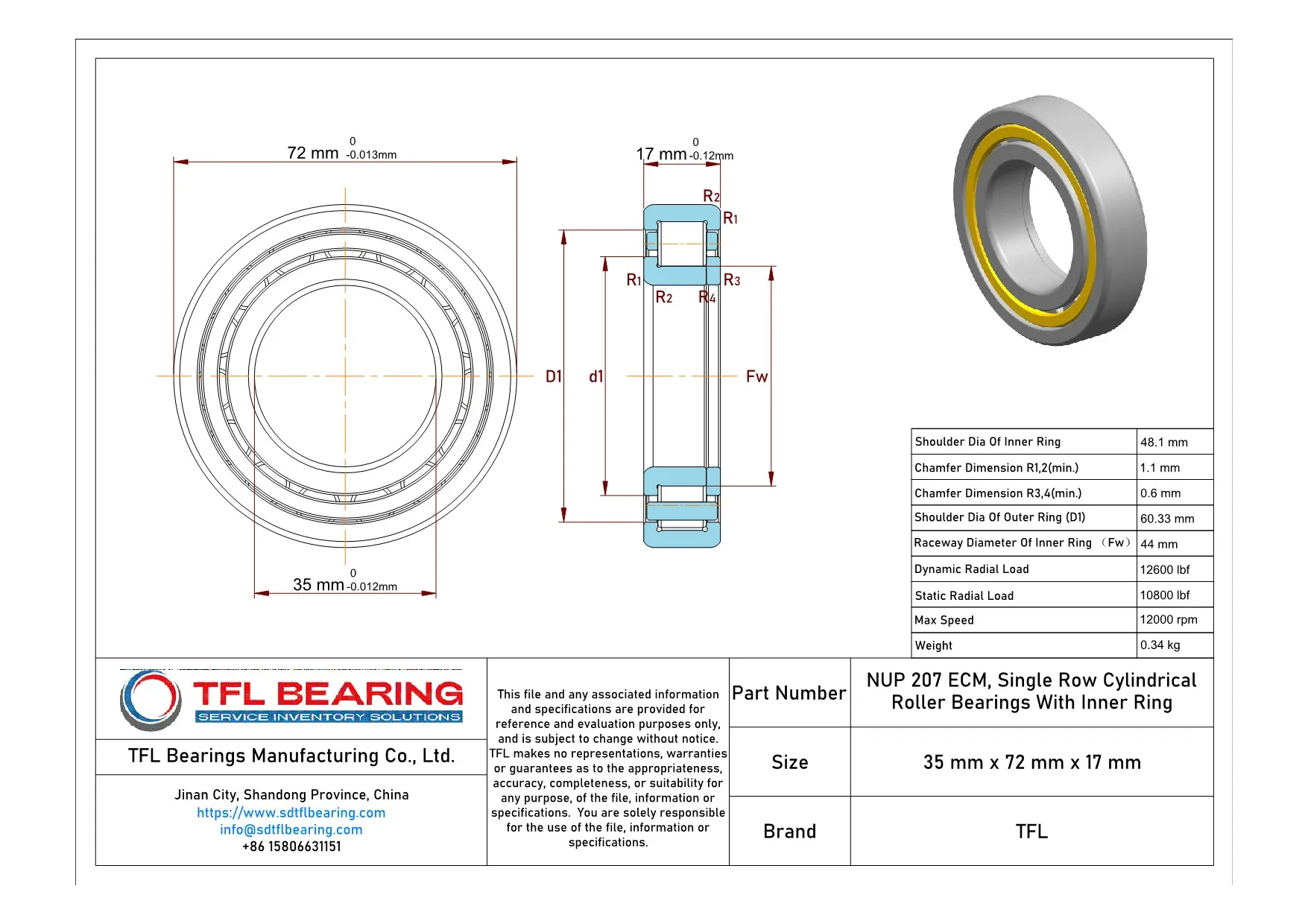 Single Row Cylindrical Roller Bearings With Inner Ring NUP 207 ECM dimension drawing