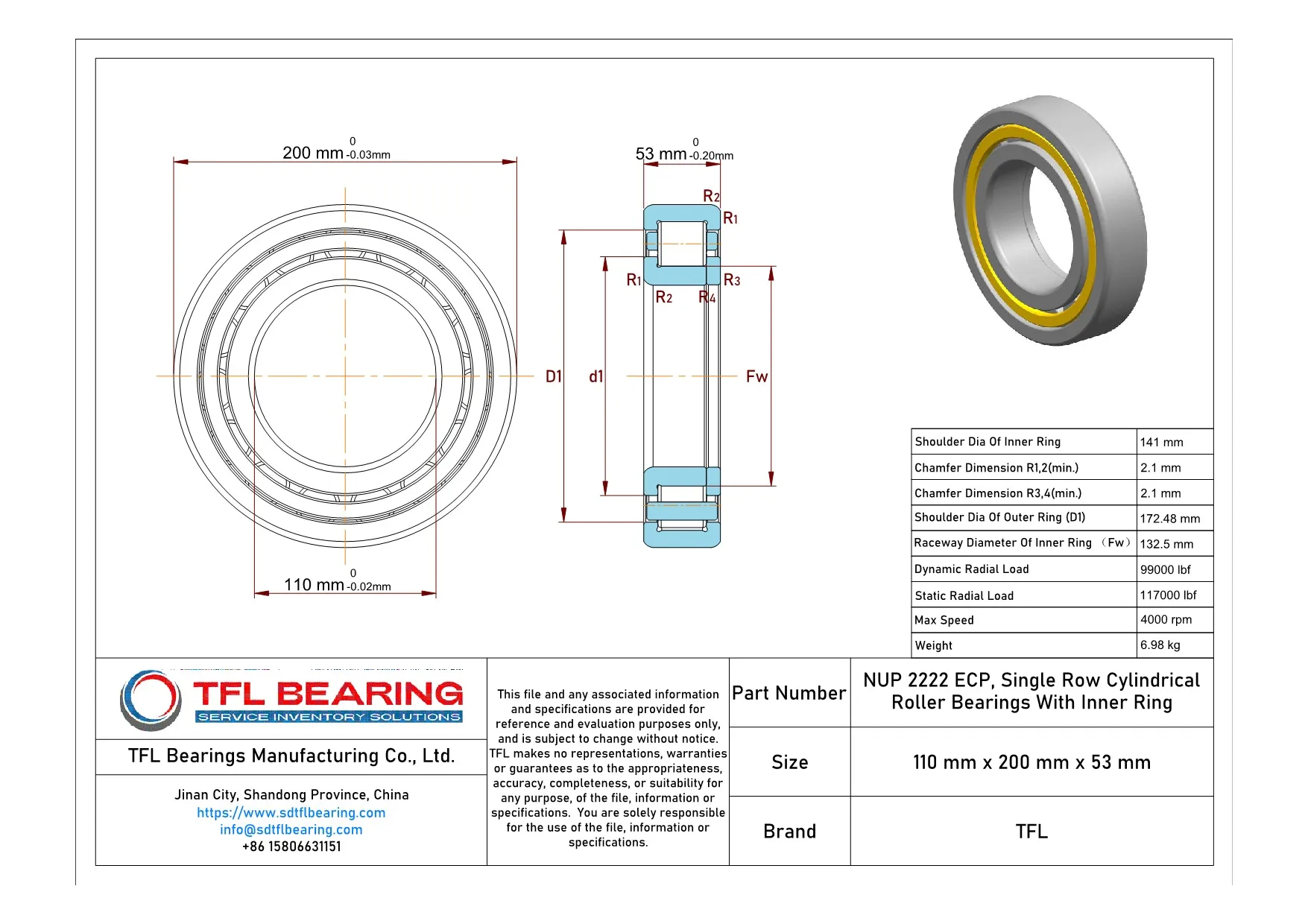 Single Row Cylindrical Roller Bearings With Inner Ring NUP 2222 ECP dimension drawing