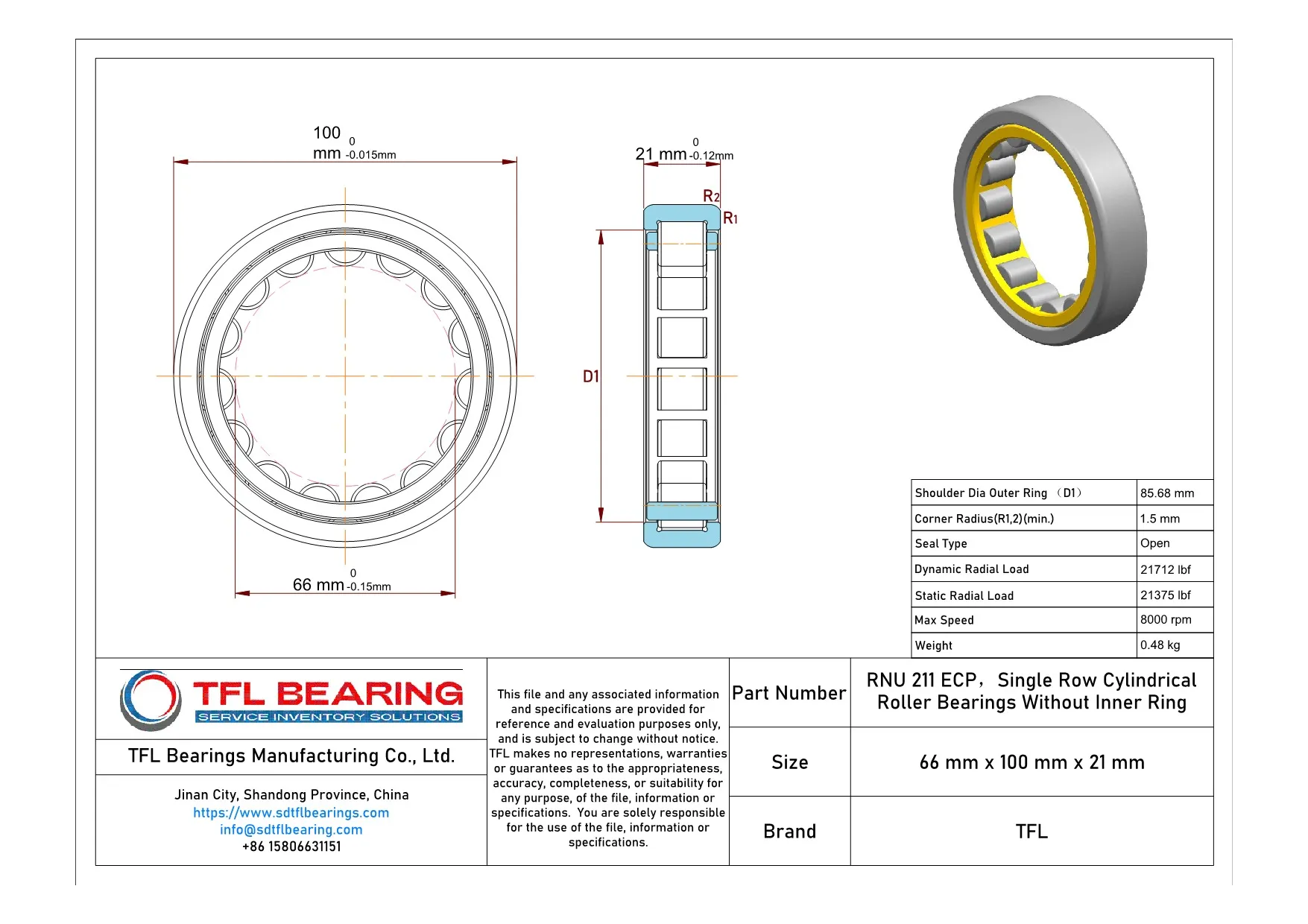 Single Row Cylindrical Roller Bearings Without Inner Ring RNU 211 ECP dimension drawing